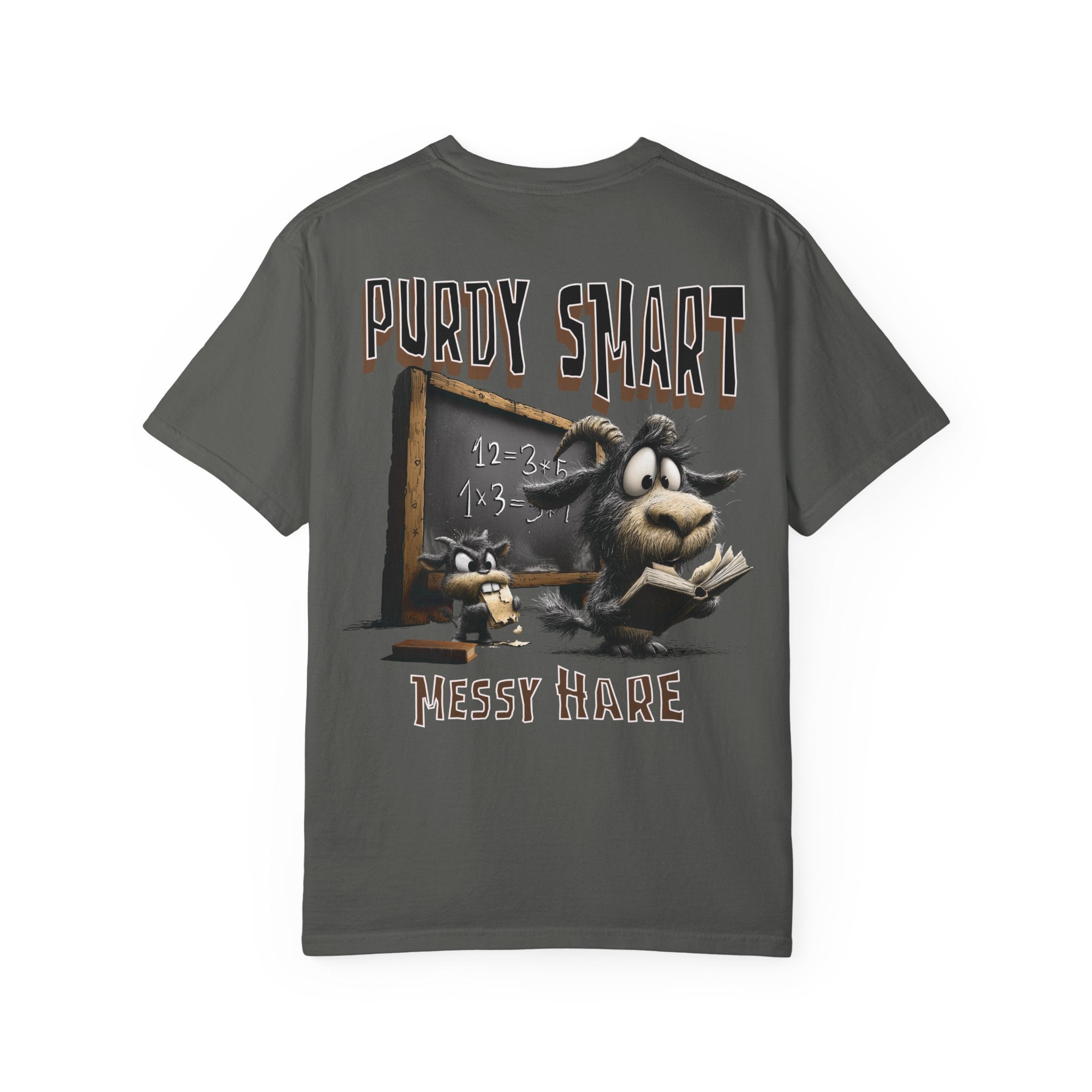 Gray t-shirt with cartoon donkey and rabbit design on a white background