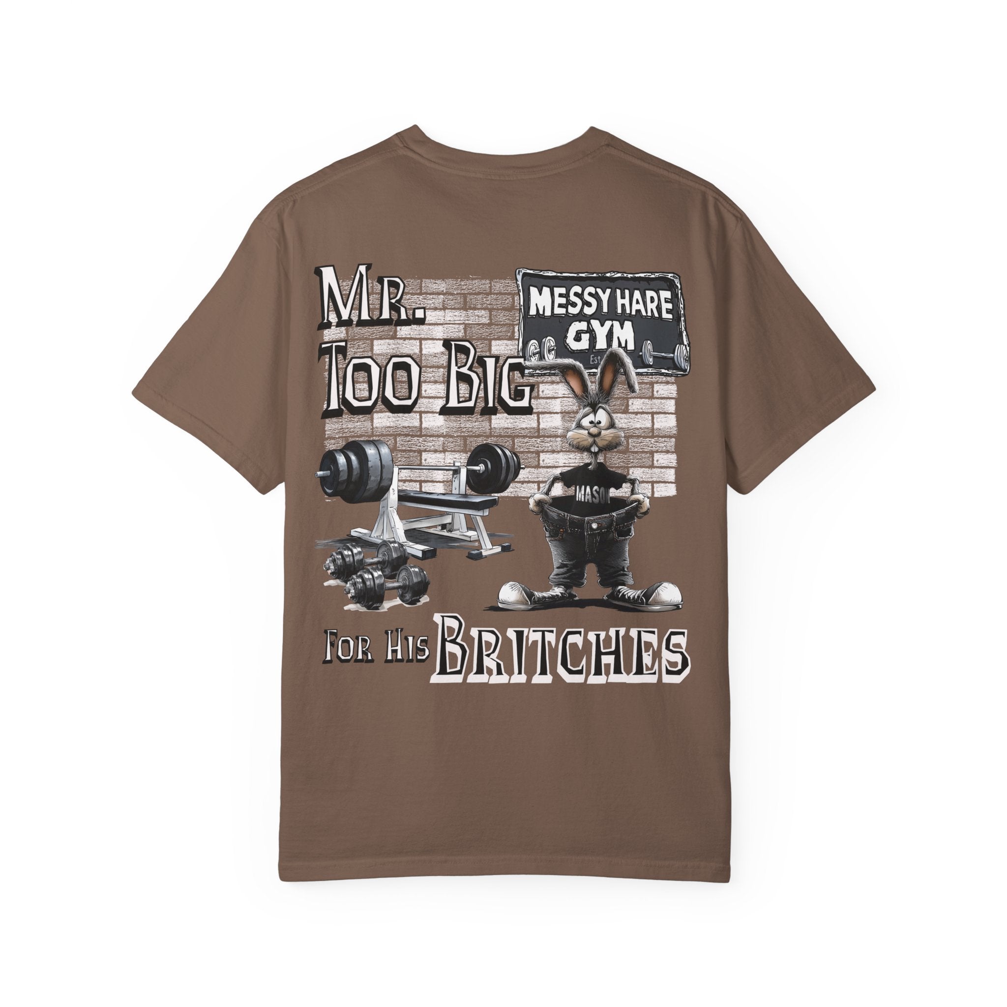 Brown t-shirt with graphic design of a rabbit and gym equipment on a white background