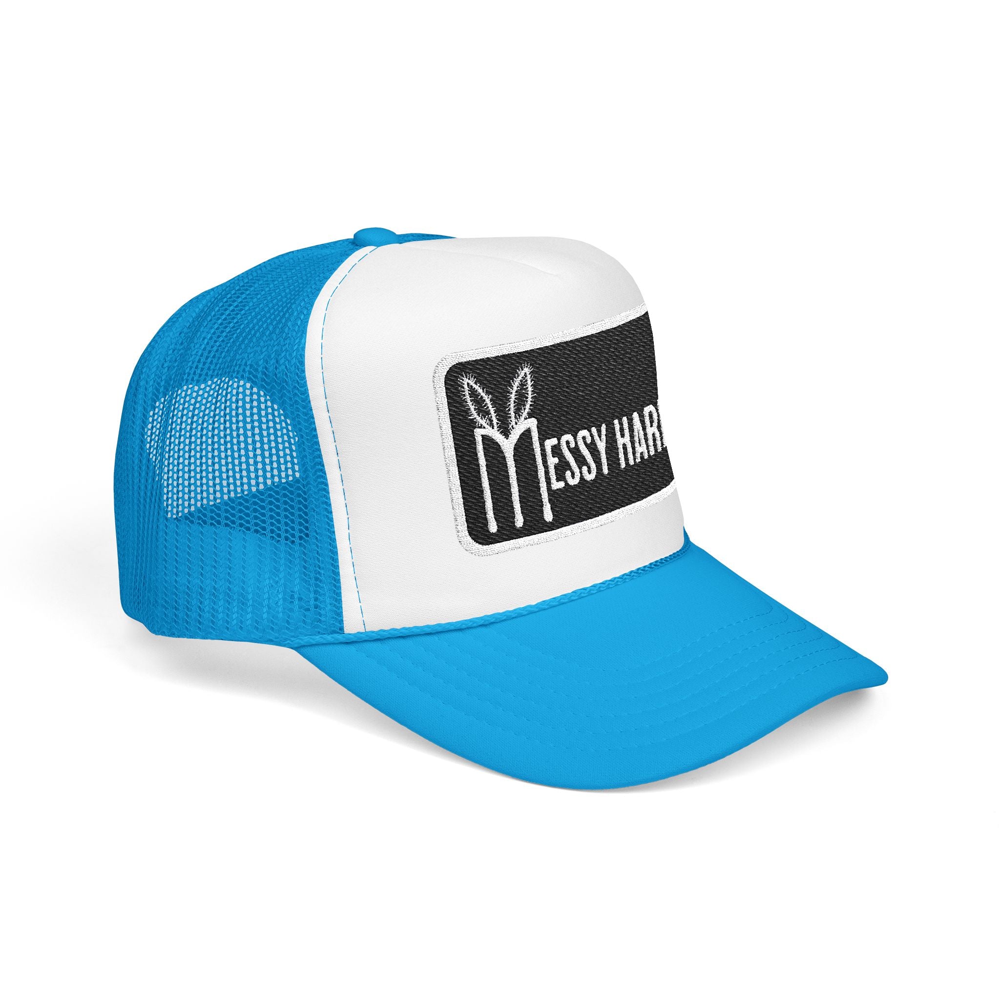Blue and white cap with 'Messy Hair' logo on a white background