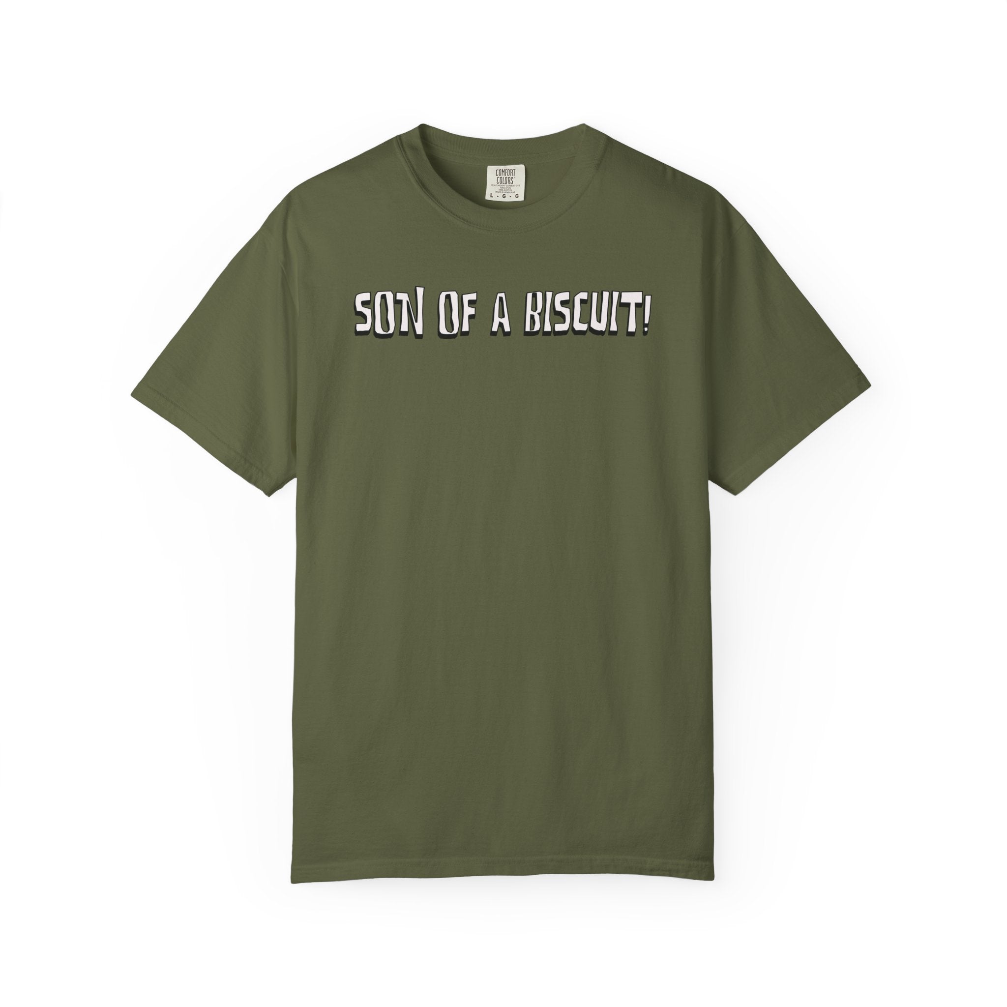 Green t-shirt with 'SON OF A BISCUIT!' text on a white background