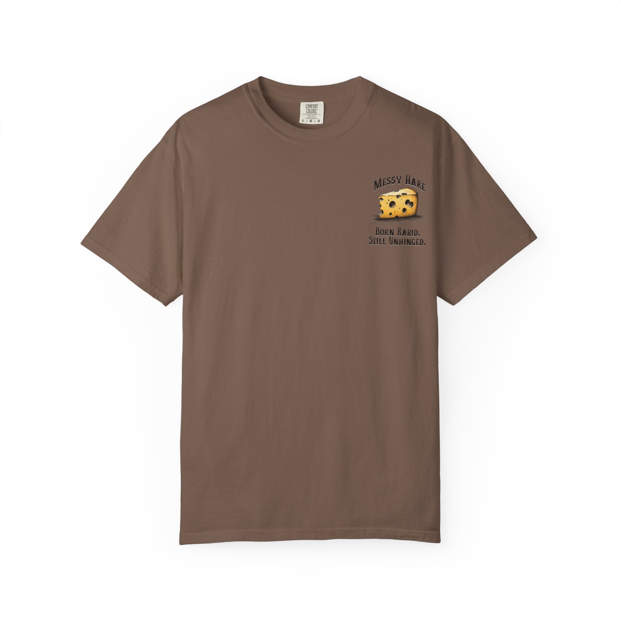 Brown t-shirt with a cheese graphic and text on a white background
