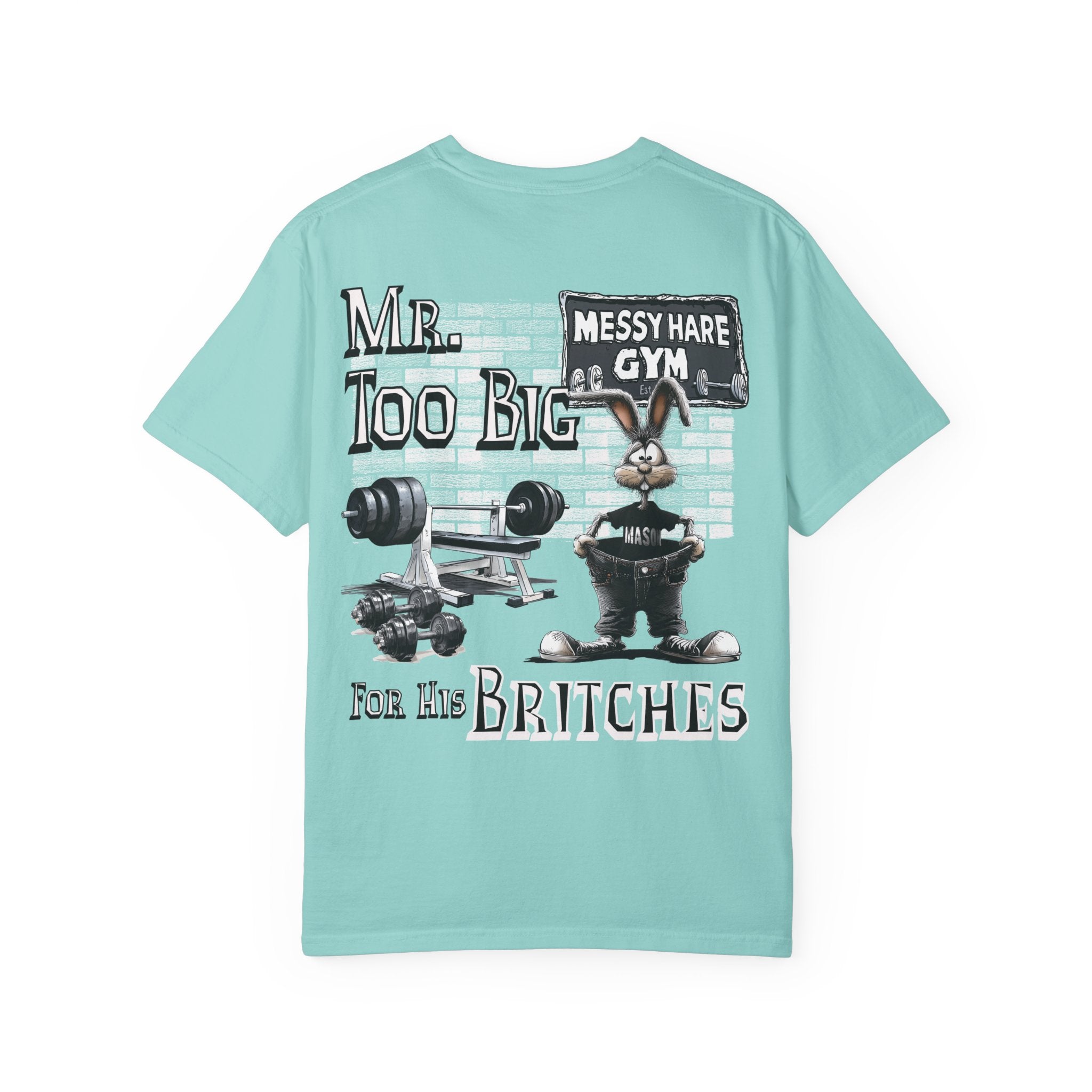 Light blue t-shirt with graphic design and text on a white background