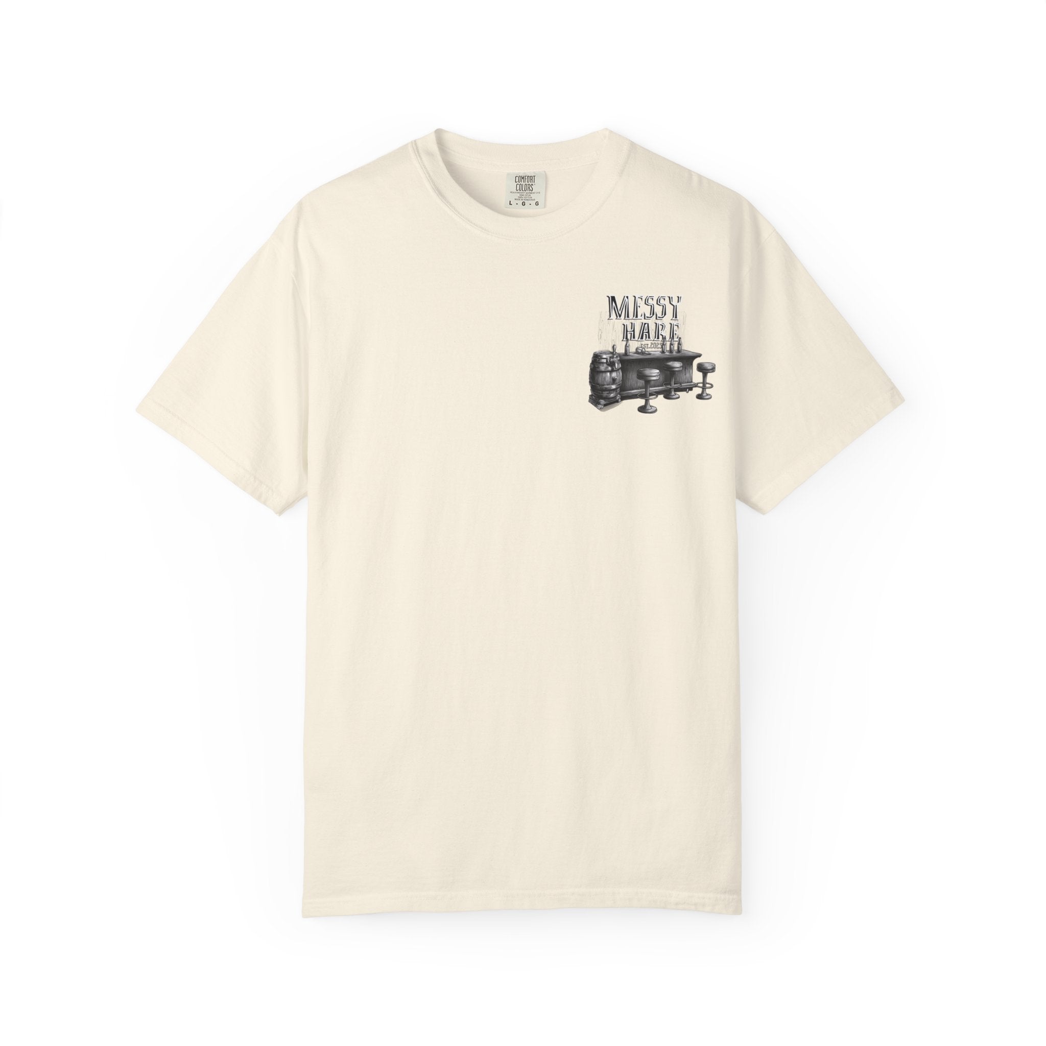 Beige t-shirt with graphic design on a white background