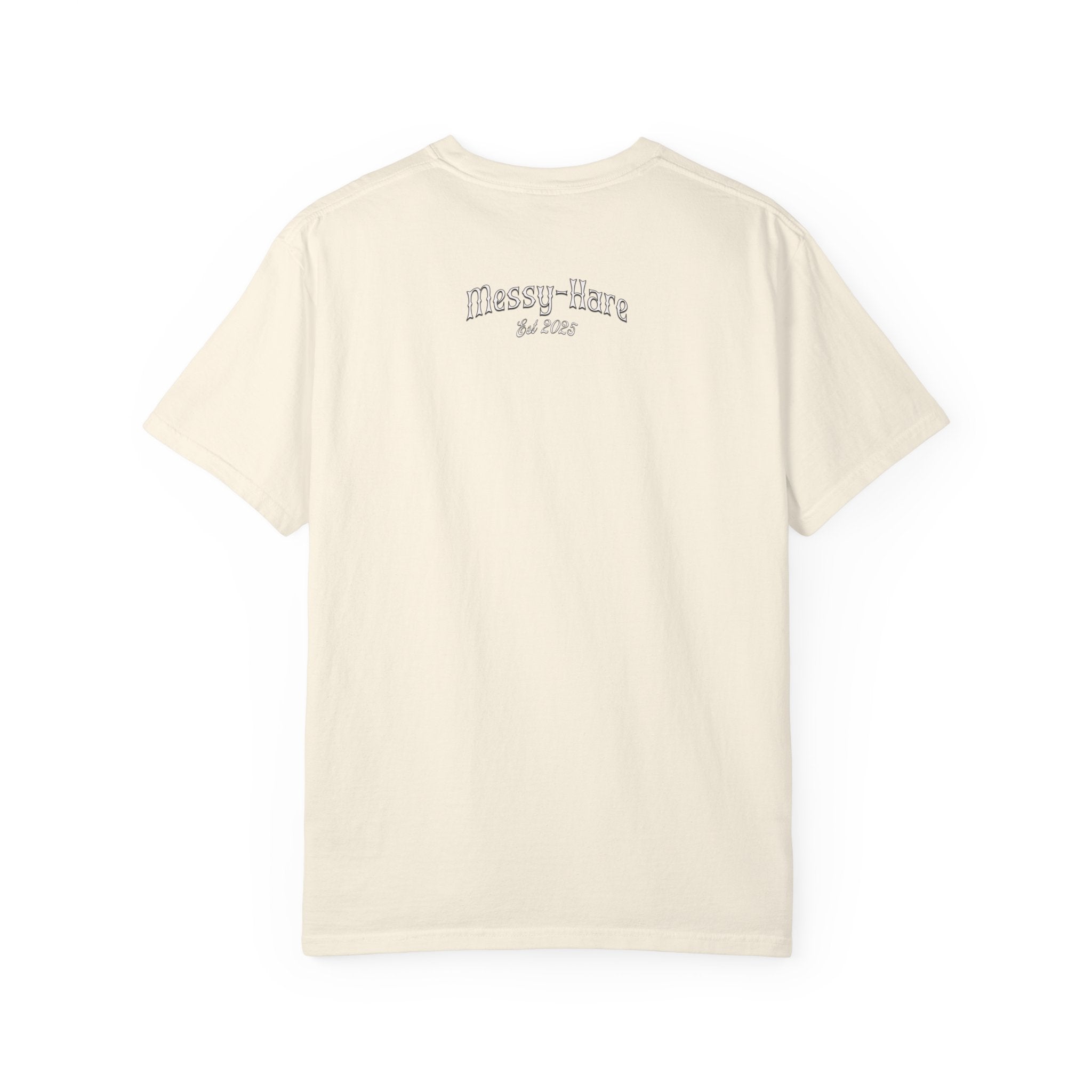 Beige t-shirt with 'Messy Hare' text on the back against a white background