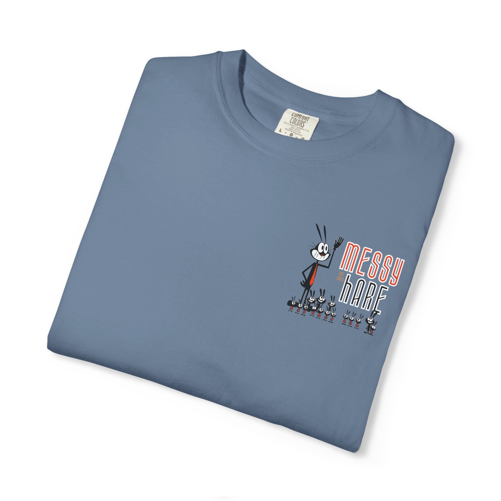 Folded blue t-shirt with 'Messy Hare' graphic on a white background