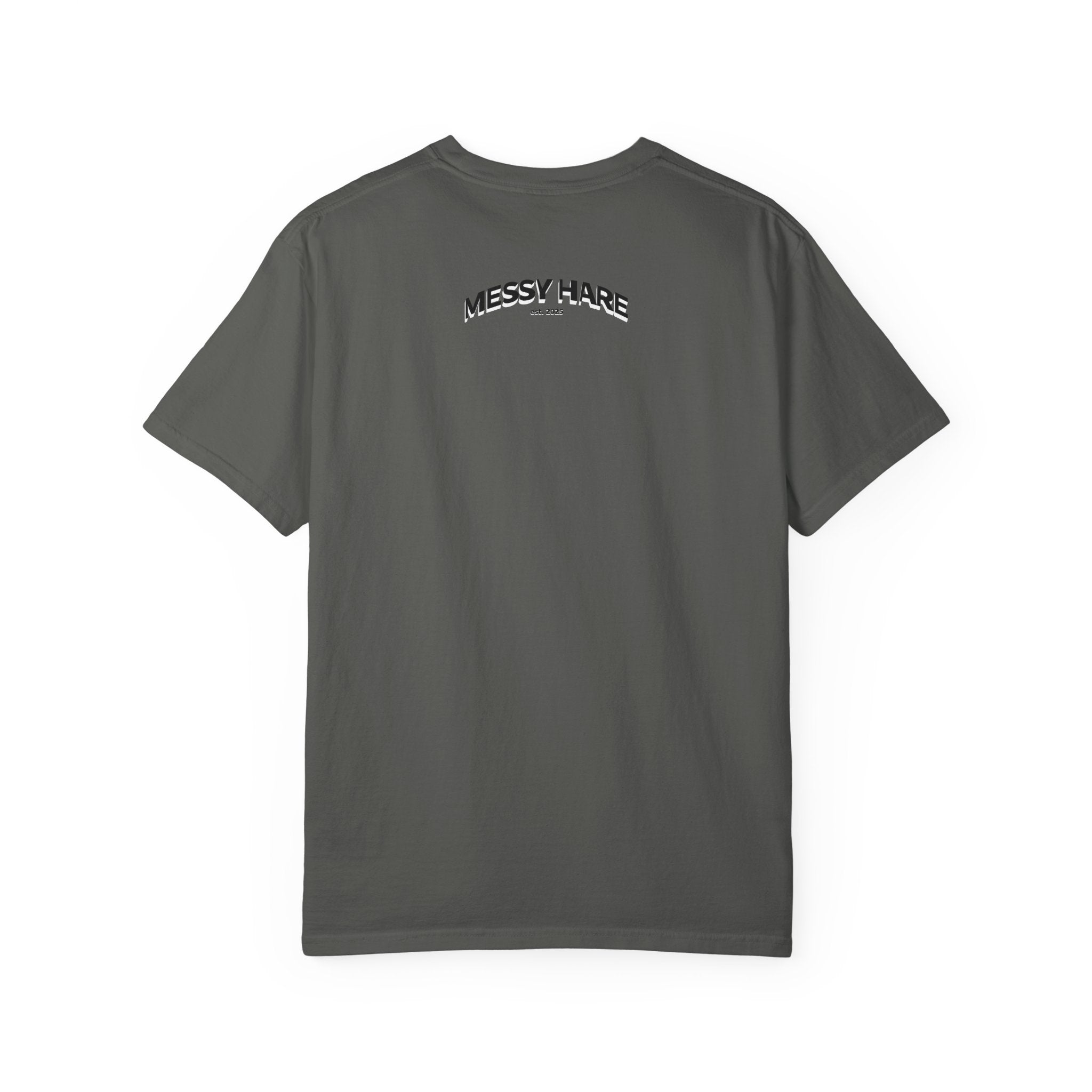 Gray t-shirt with 'MESSY HARE' text on the back against a white background