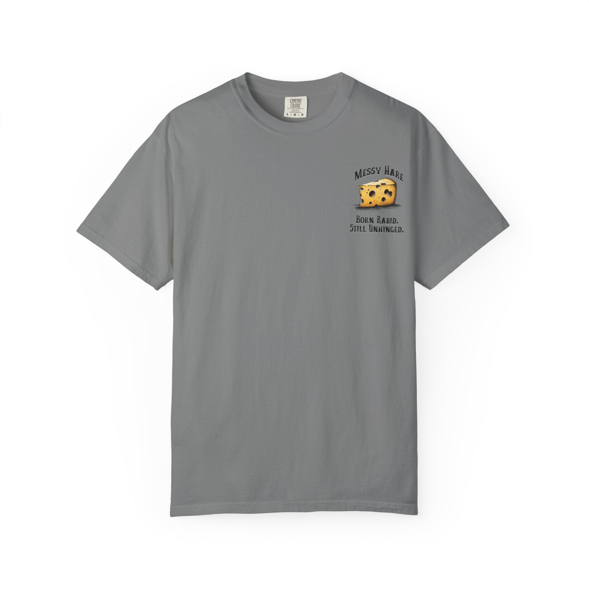 Gray t-shirt with a cheese graphic and text on a white background