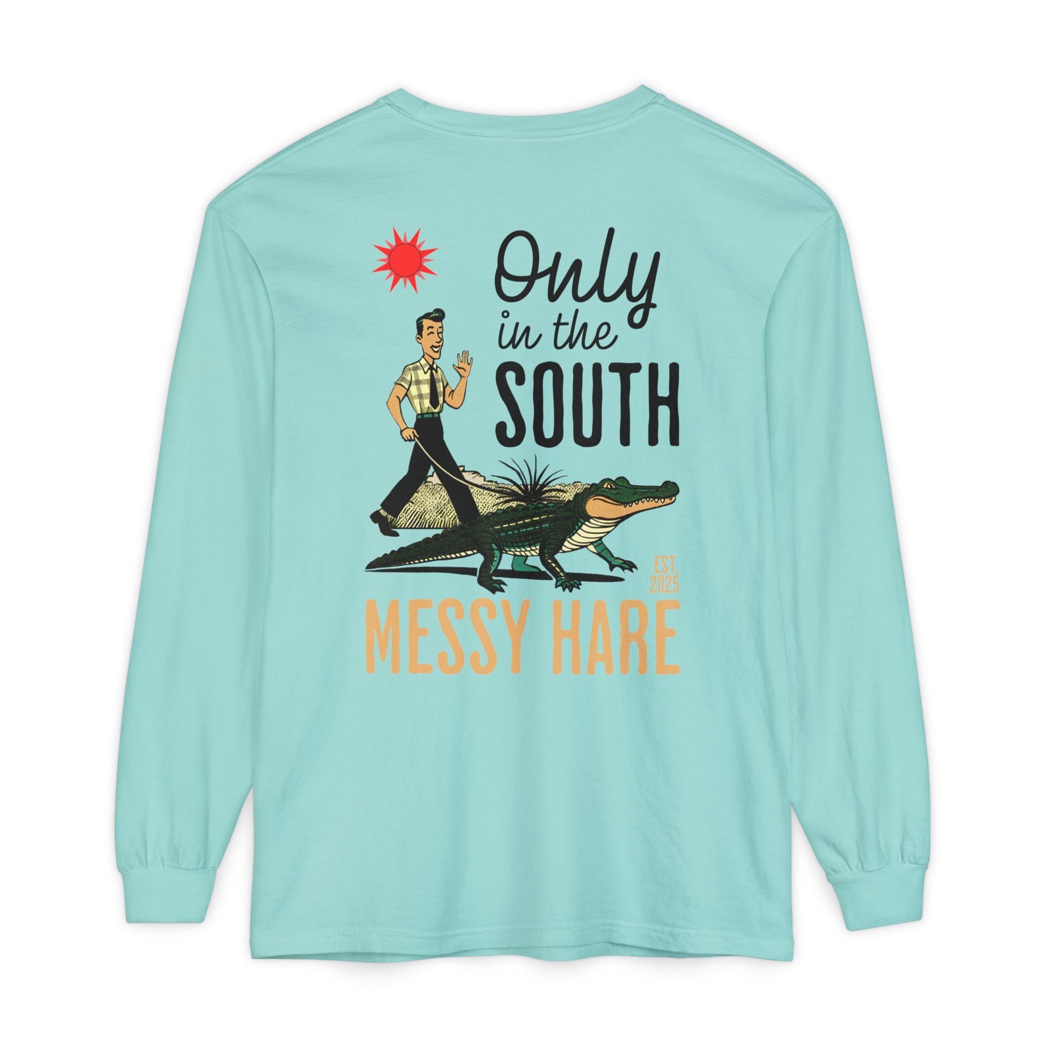 Light blue long-sleeve shirt with graphic design and text on a white background