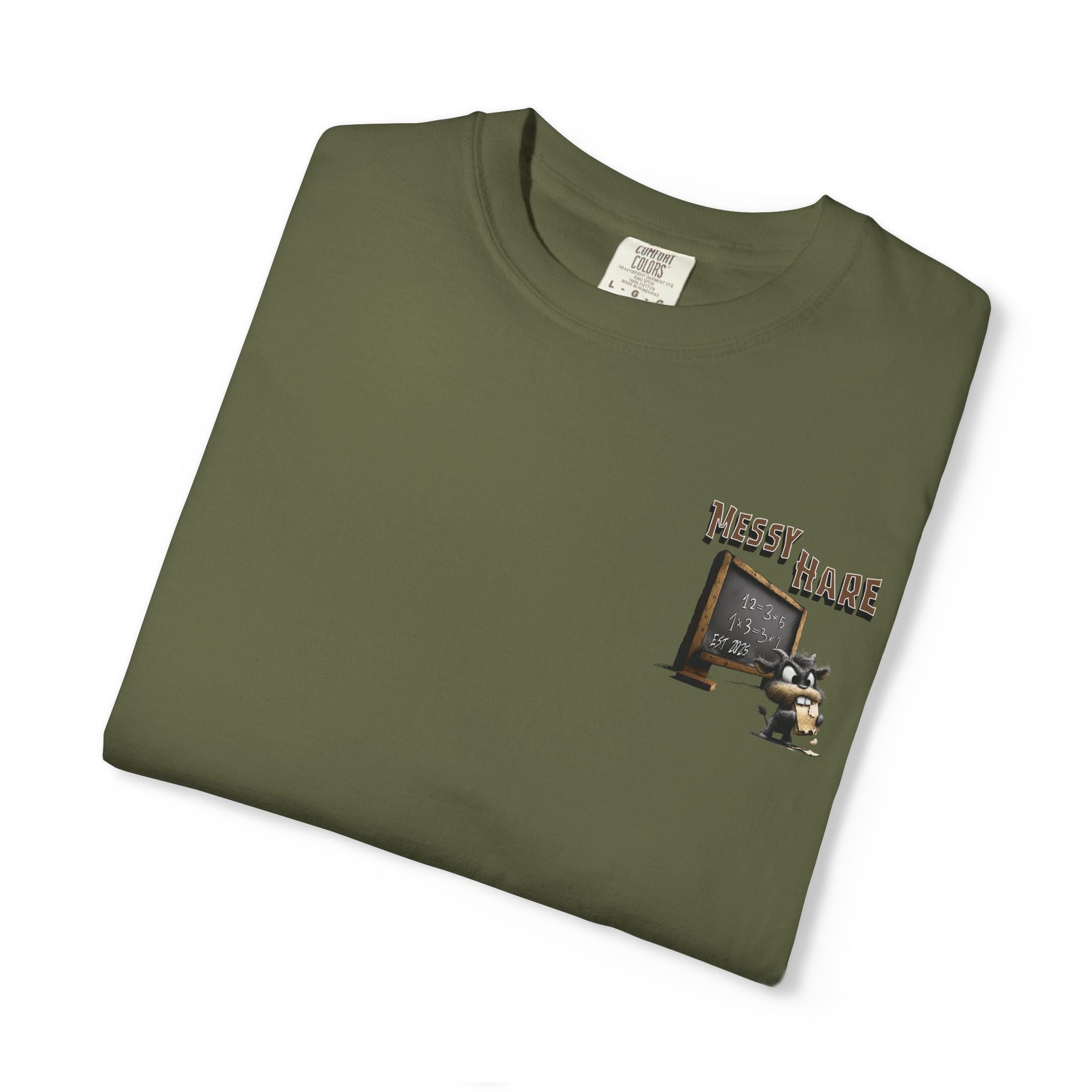 Folded green t-shirt with a graphic design on a white background