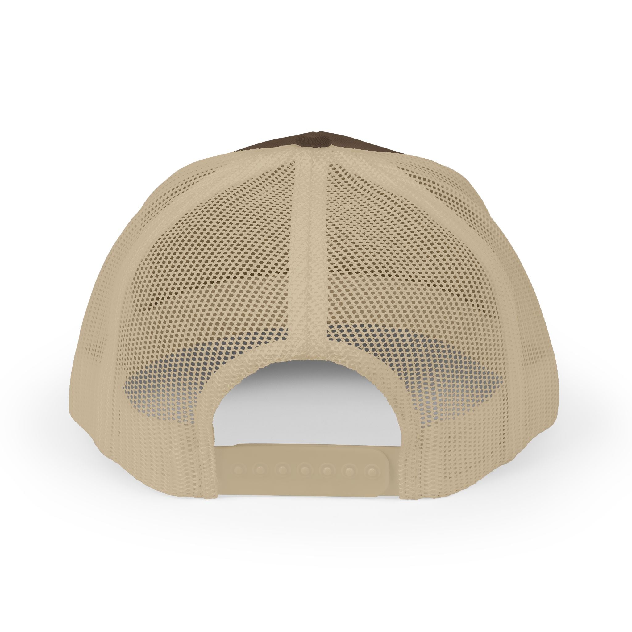 Beige and brown trucker cap on a white background