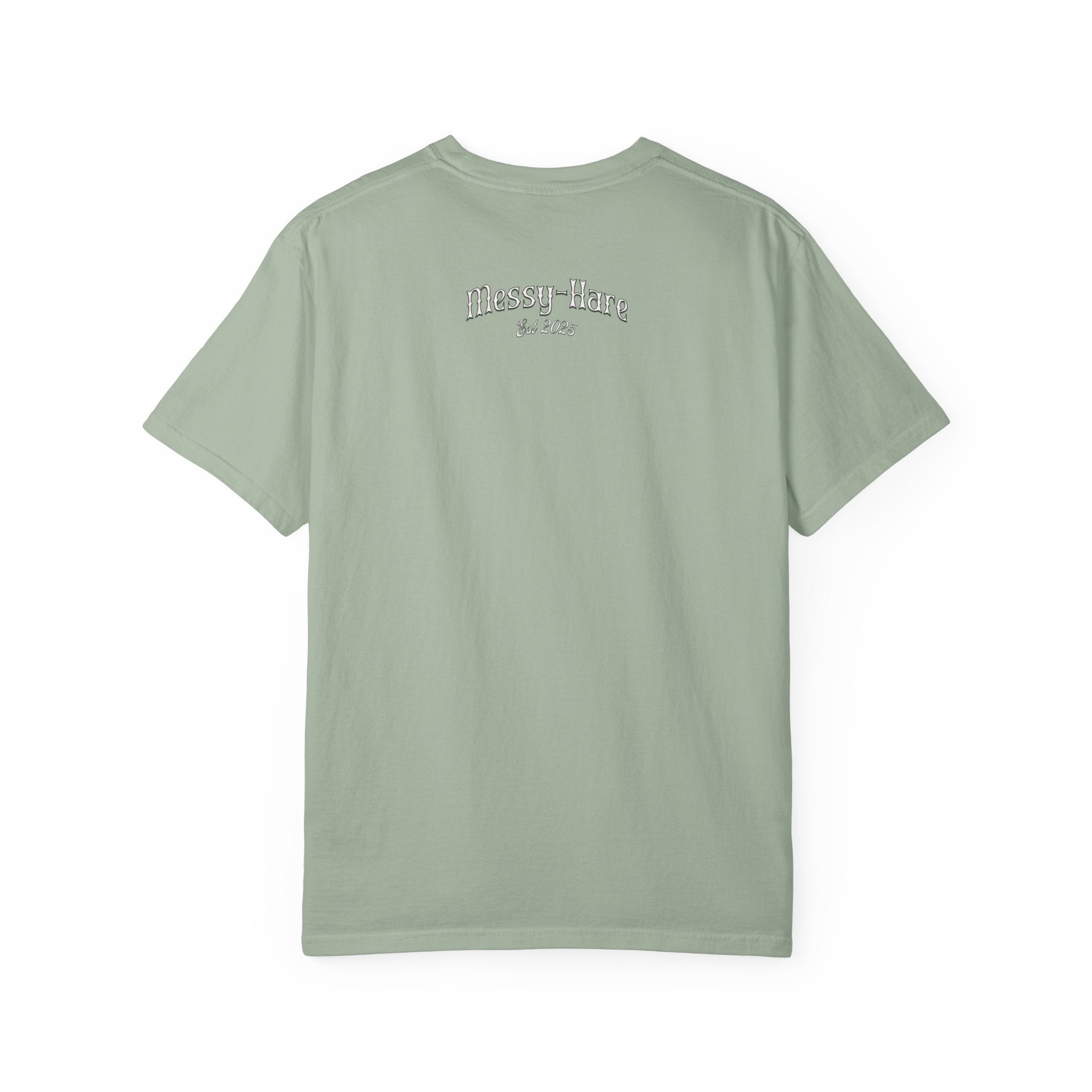 Light green t-shirt with text on the back against a white background