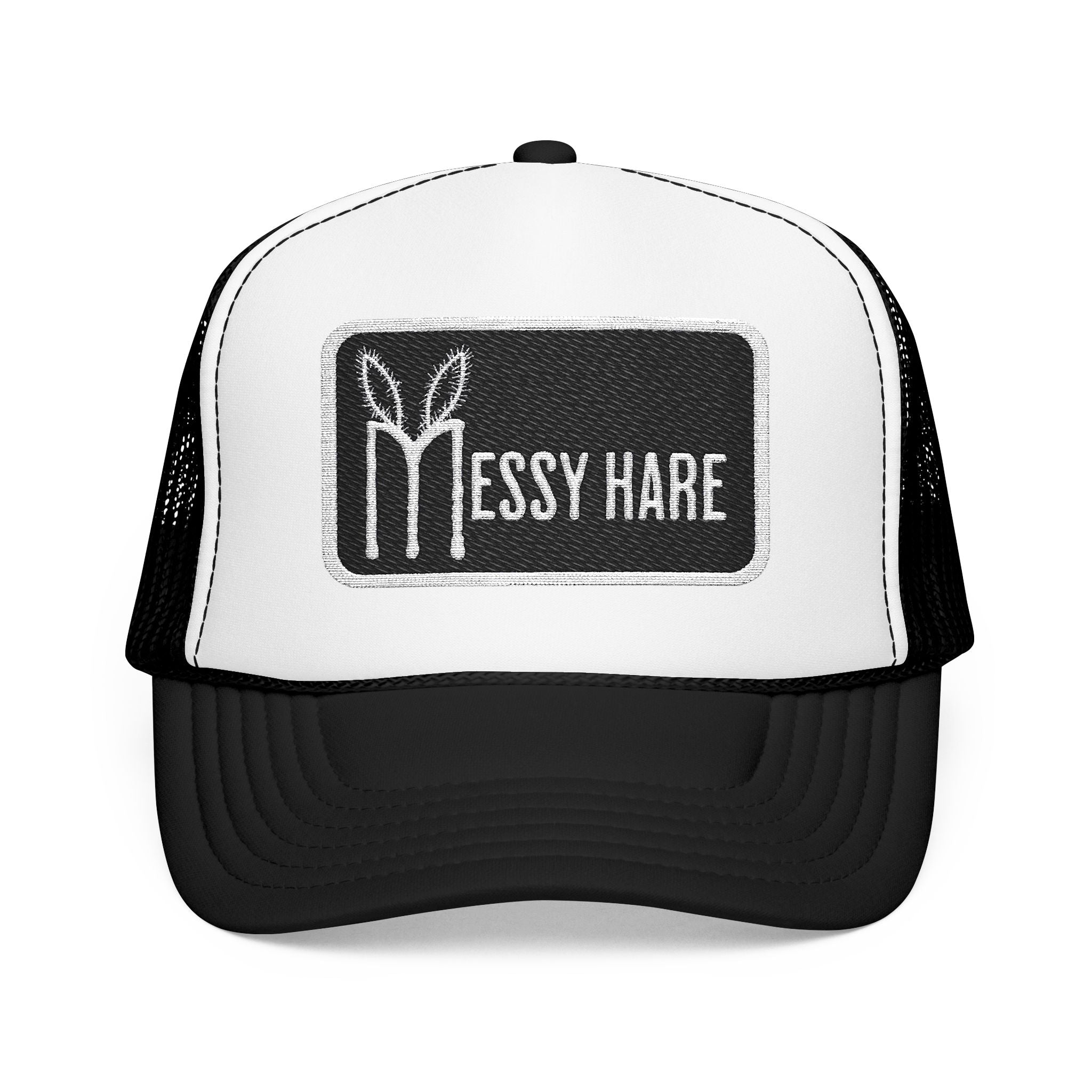 Black and white cap with 'Messy Hare' logo on a white background