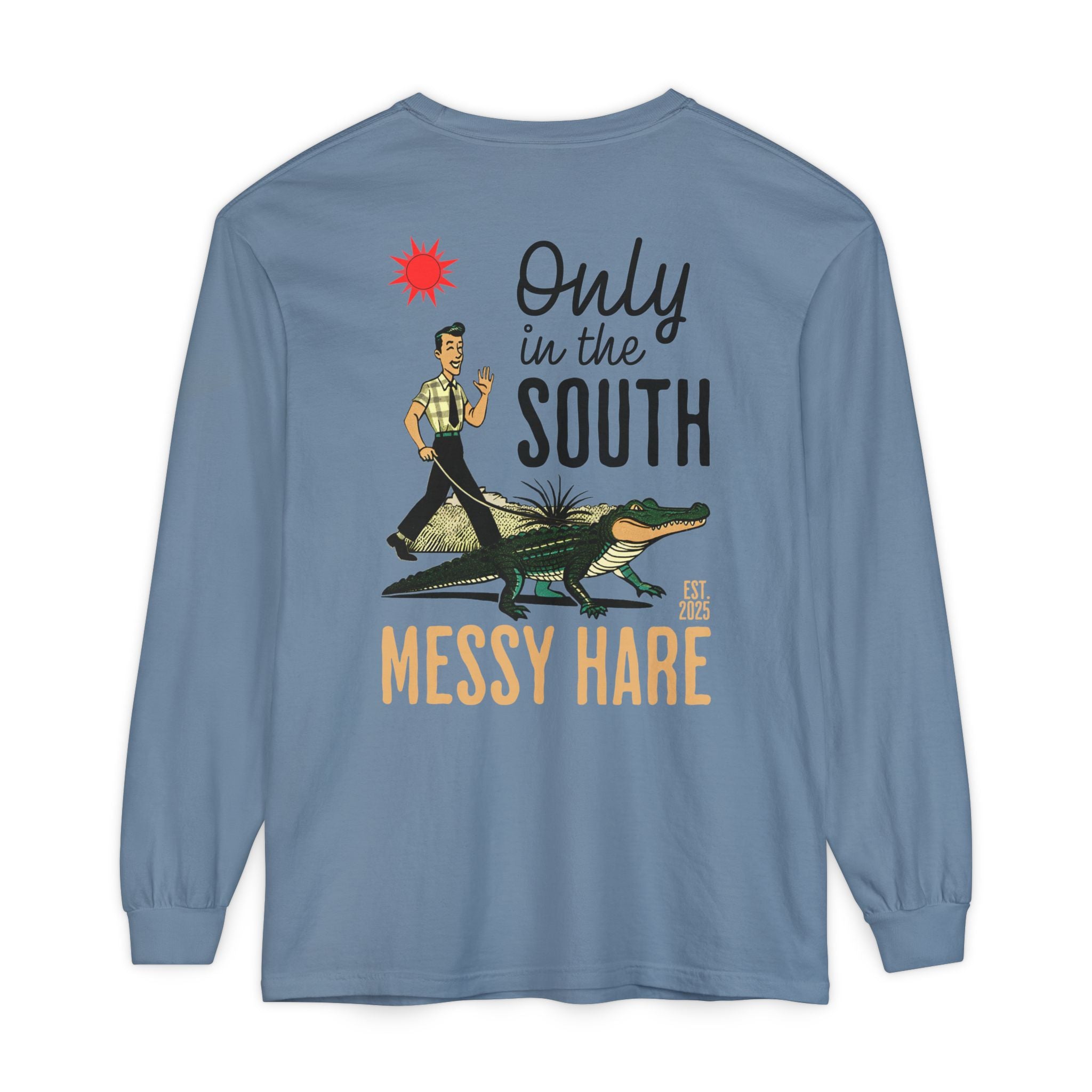 Blue long-sleeve shirt with graphic design and text on a white background