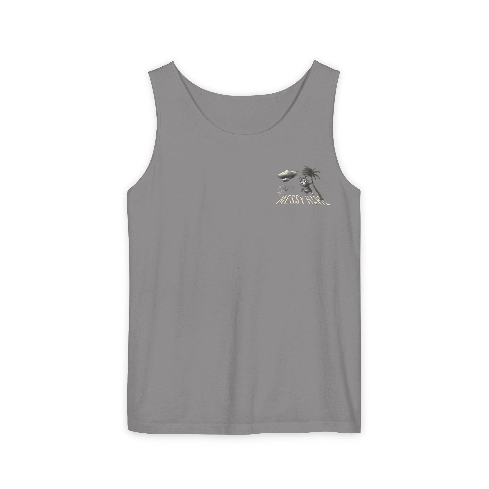 Gray tank top with a small graphic on a white background