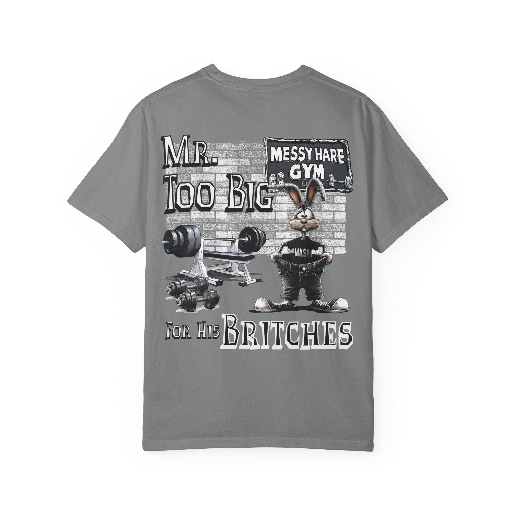 Gray t-shirt with graphic design of a rabbit and text on a white background