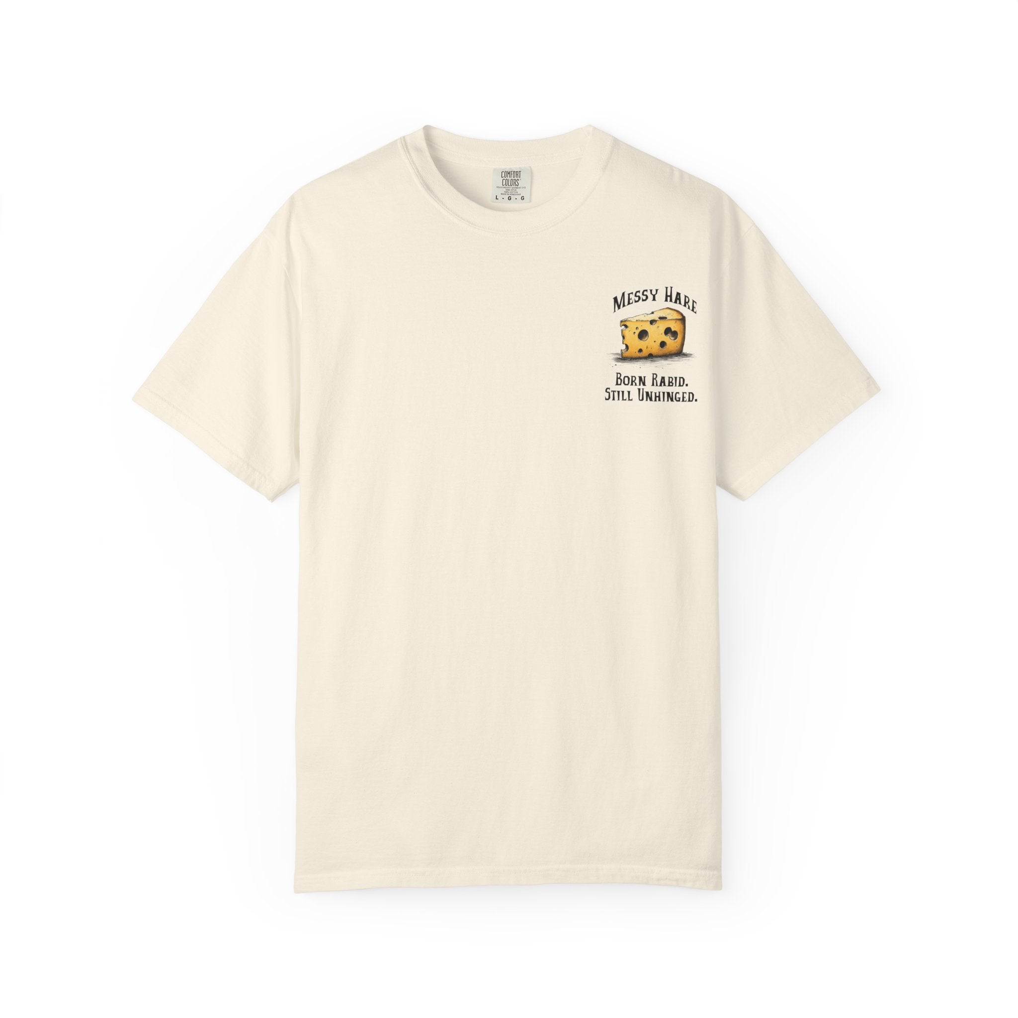 Beige t-shirt with a graphic and text on a white background