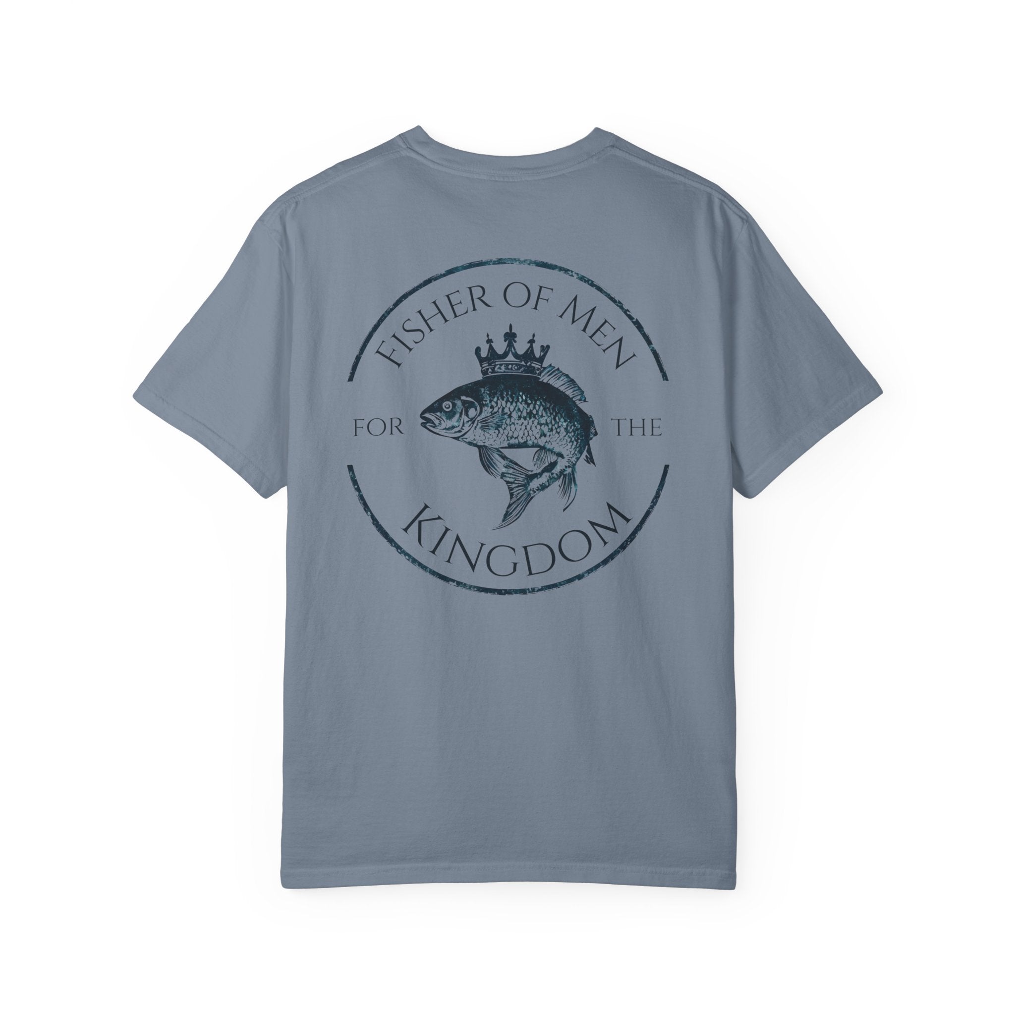 Gray t-shirt with fishing-themed design on a white background