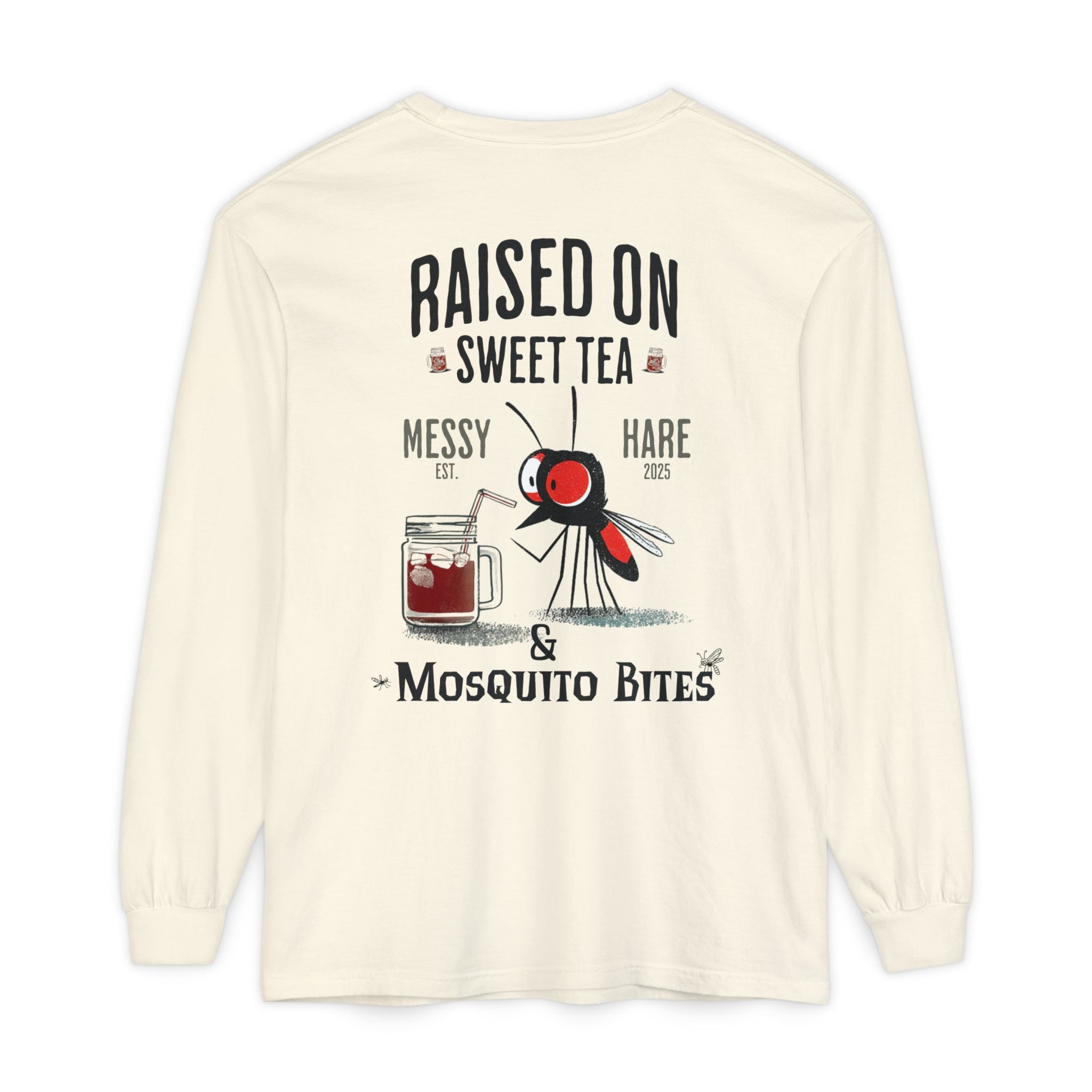 Long-sleeve shirt with graphic design and text on a white background