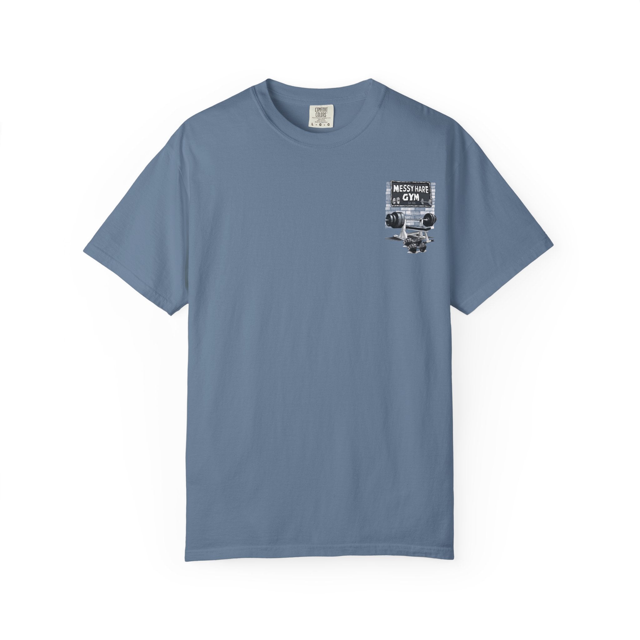 Blue t-shirt with a graphic design on a white background