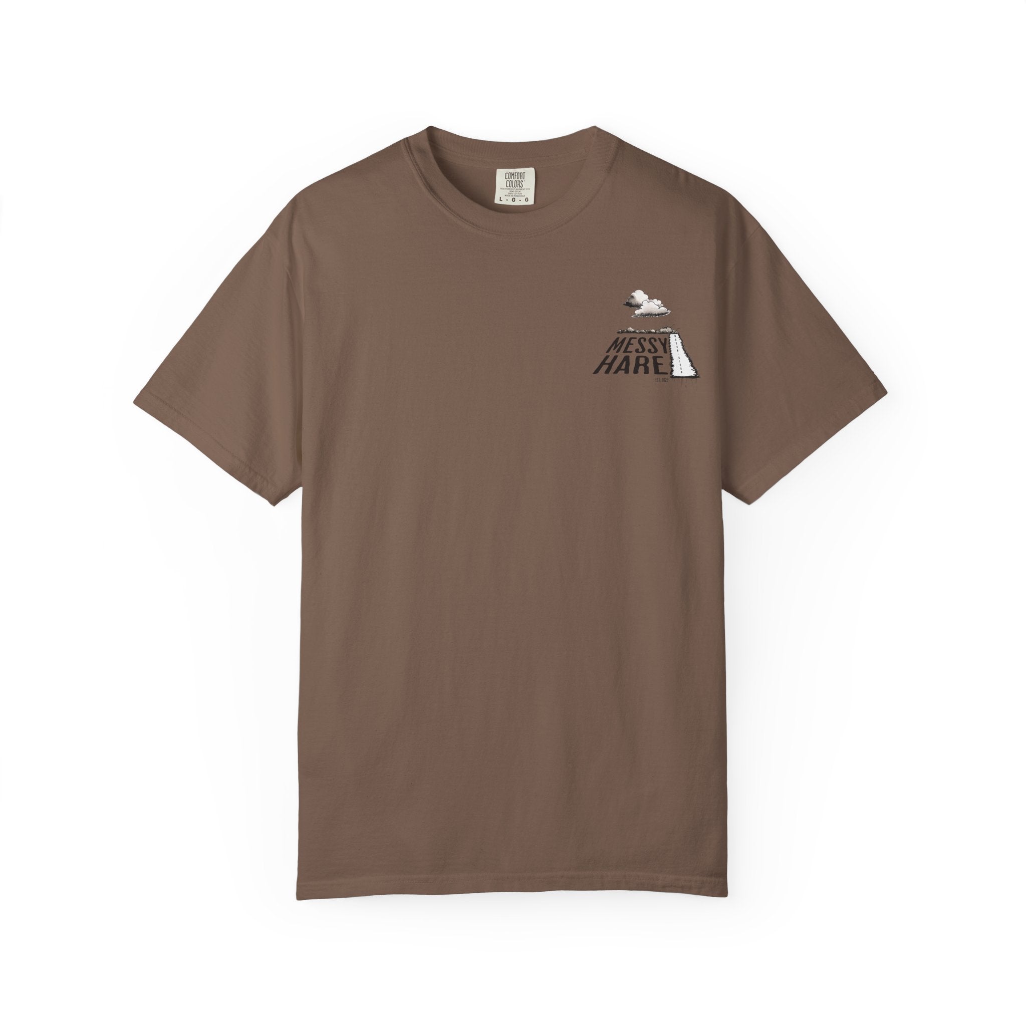 Brown t-shirt with a graphic design on a white background