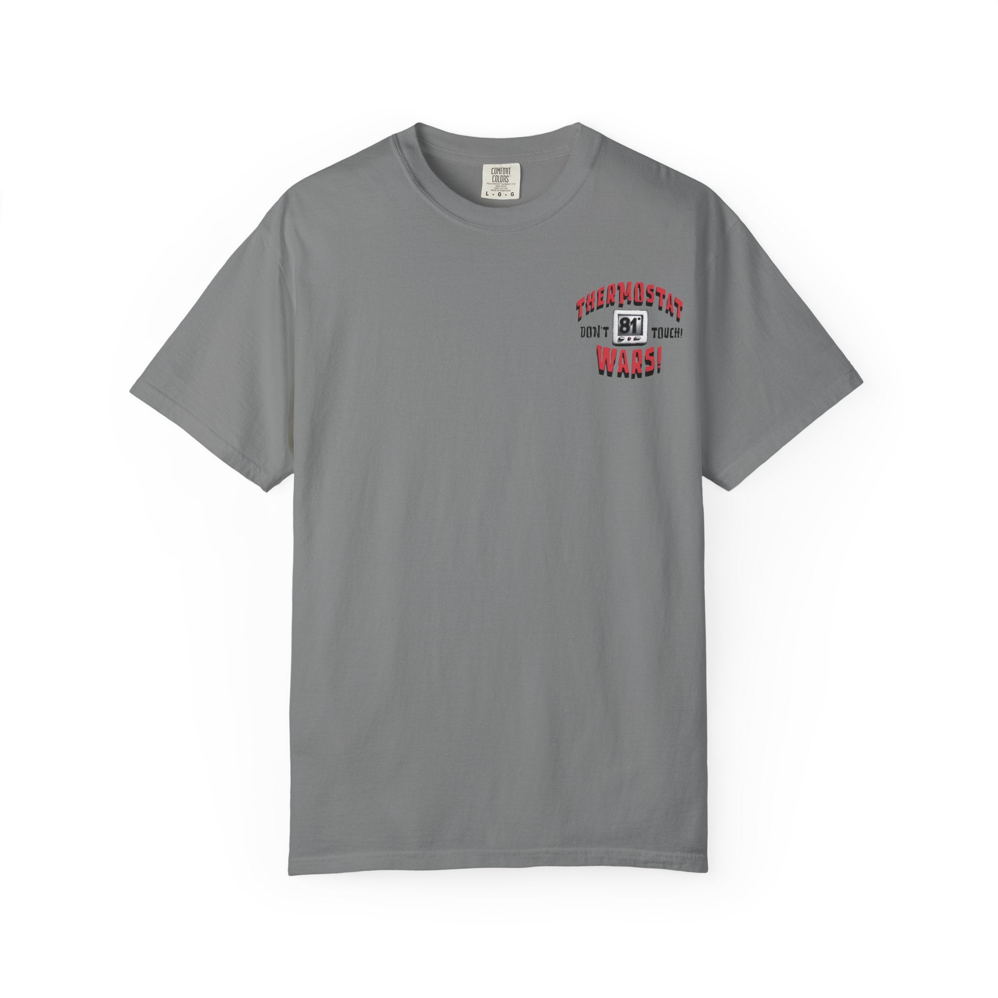 Gray t-shirt with red and white text on a white background