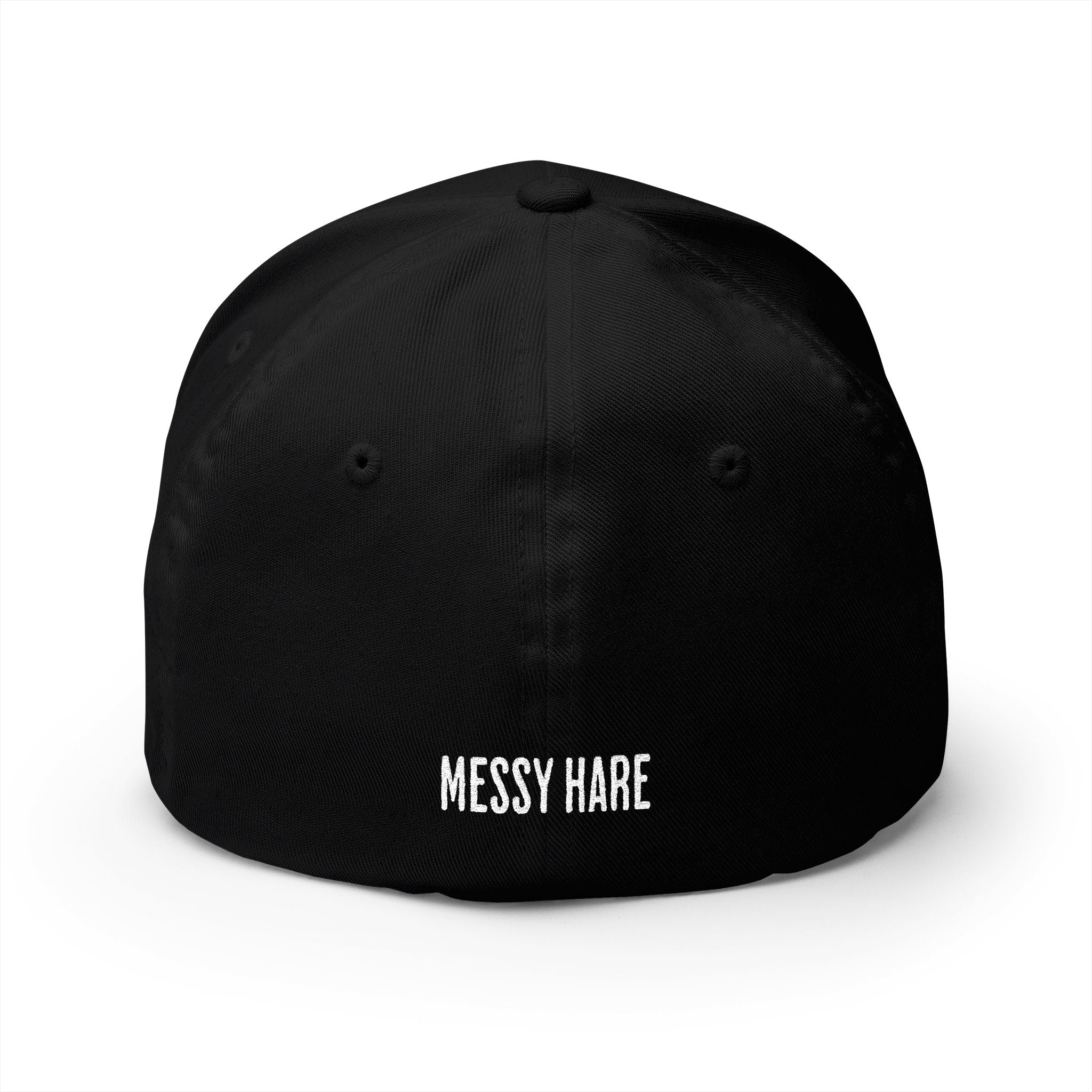 Black cap with 'MESSY HARE' text on a white background
