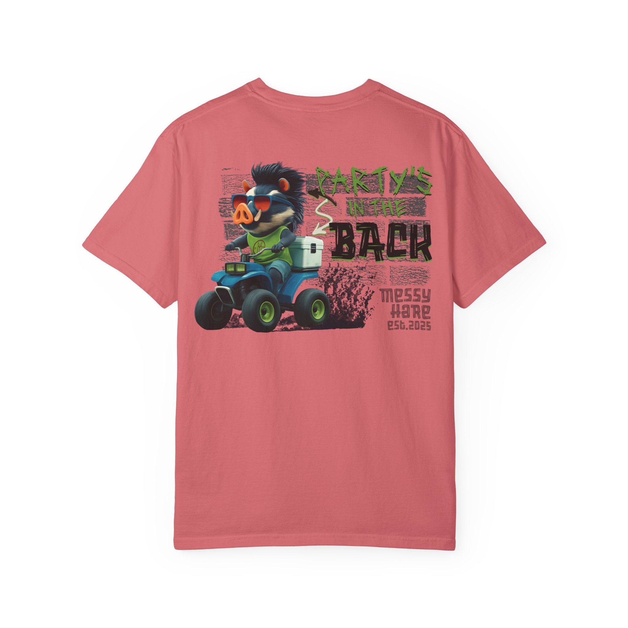 Pink t-shirt with a graphic of a bear driving an ATV and text on the back, on a white background.