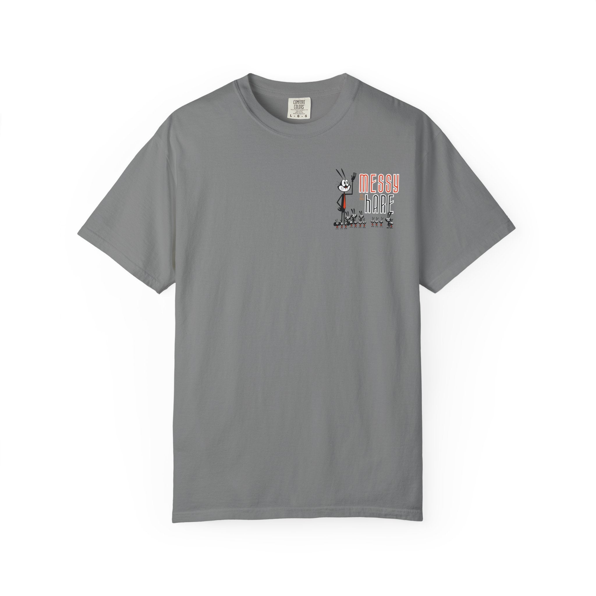 Gray t-shirt with a small graphic on a white background