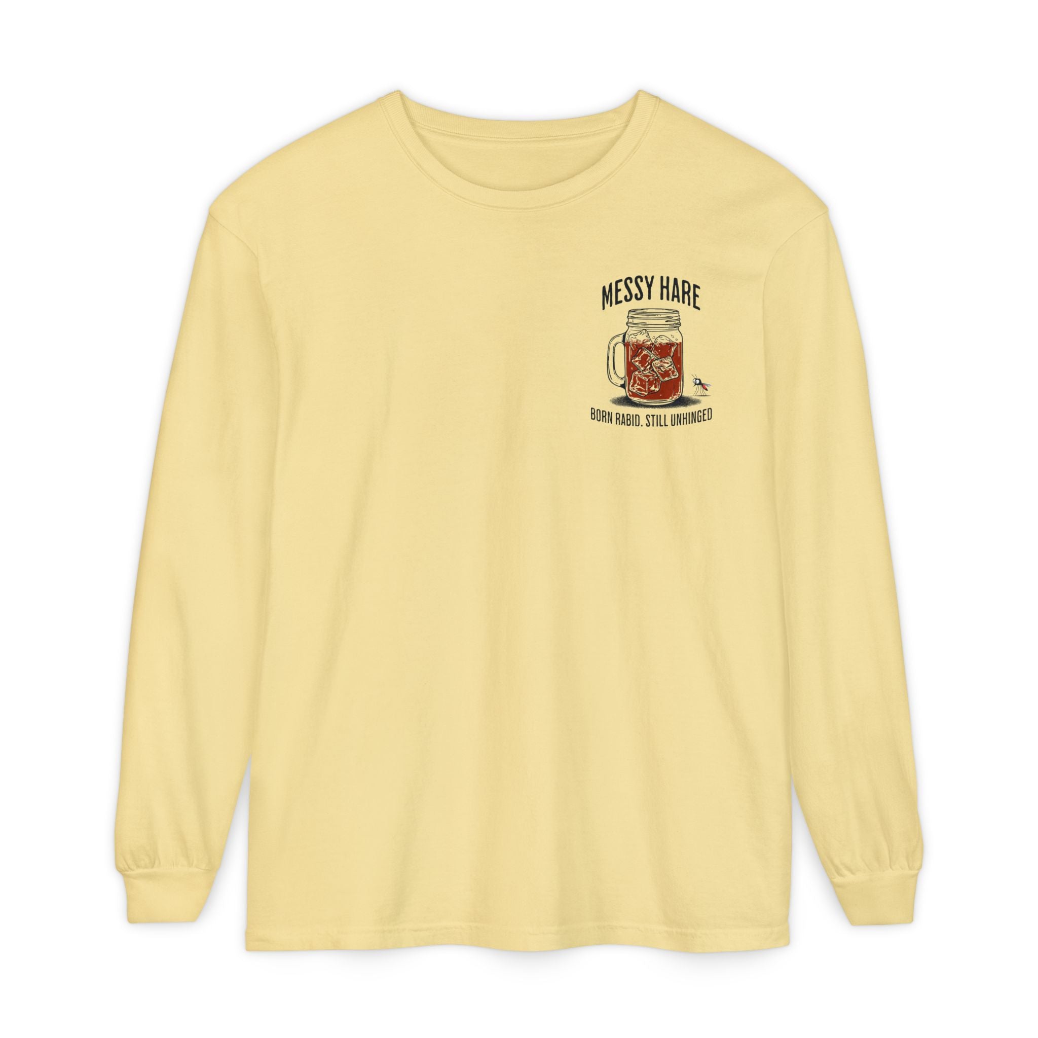 Yellow long-sleeve shirt with a graphic design on the chest against a white background