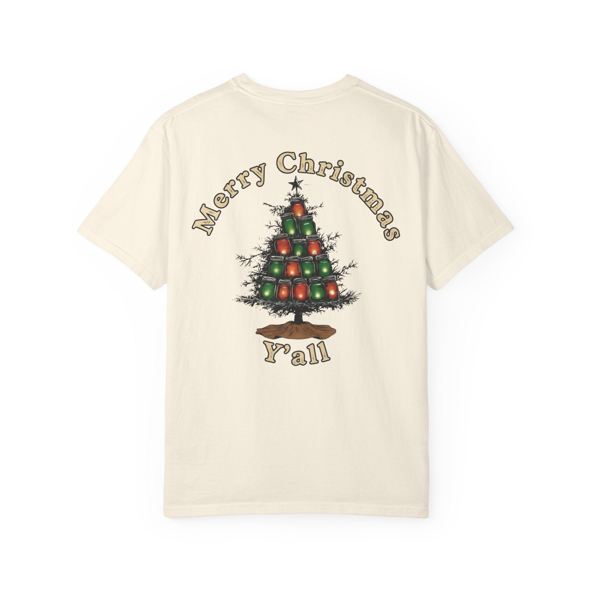 Beige t-shirt with a Christmas tree design and text on the back