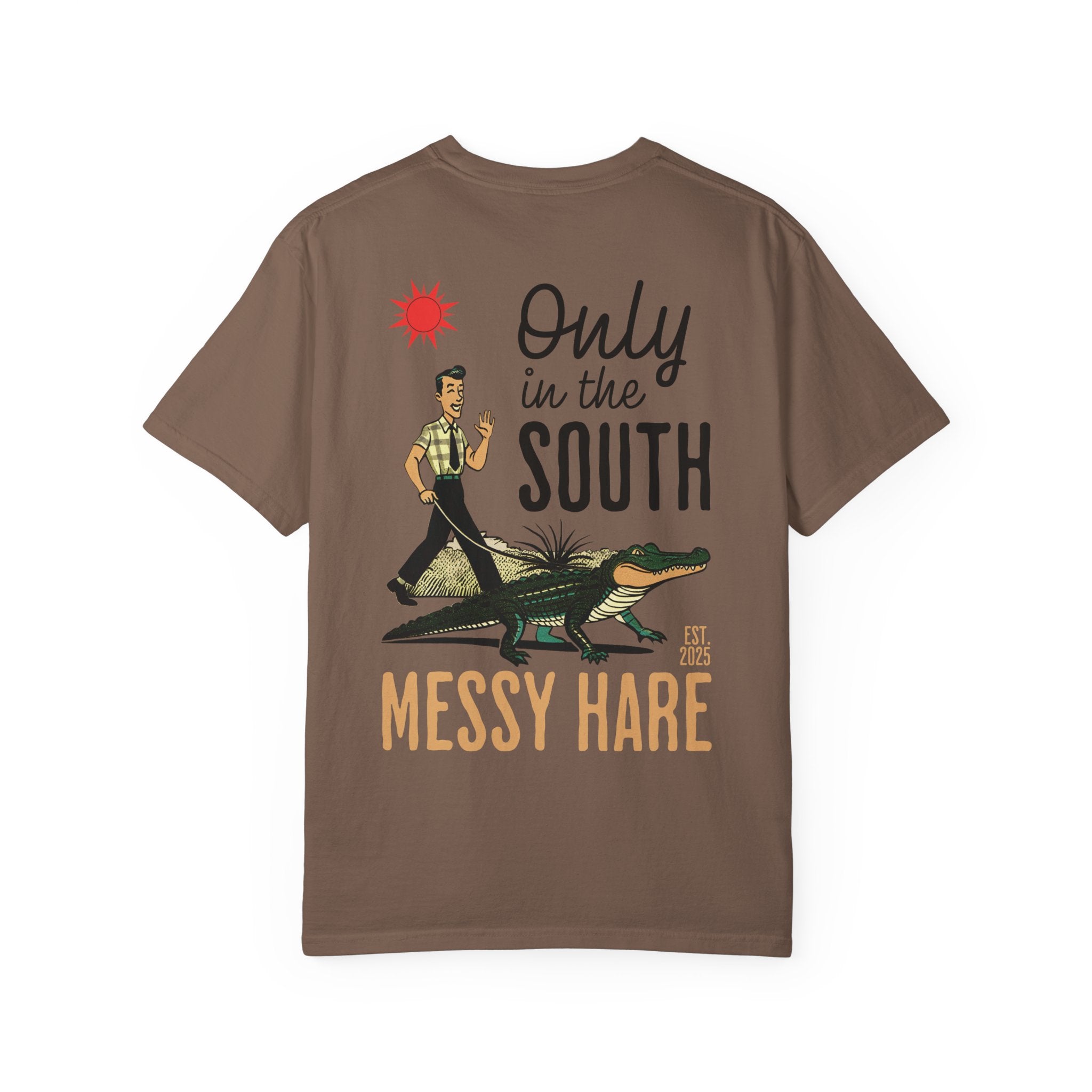 Brown t-shirt with graphic design and text on a white background