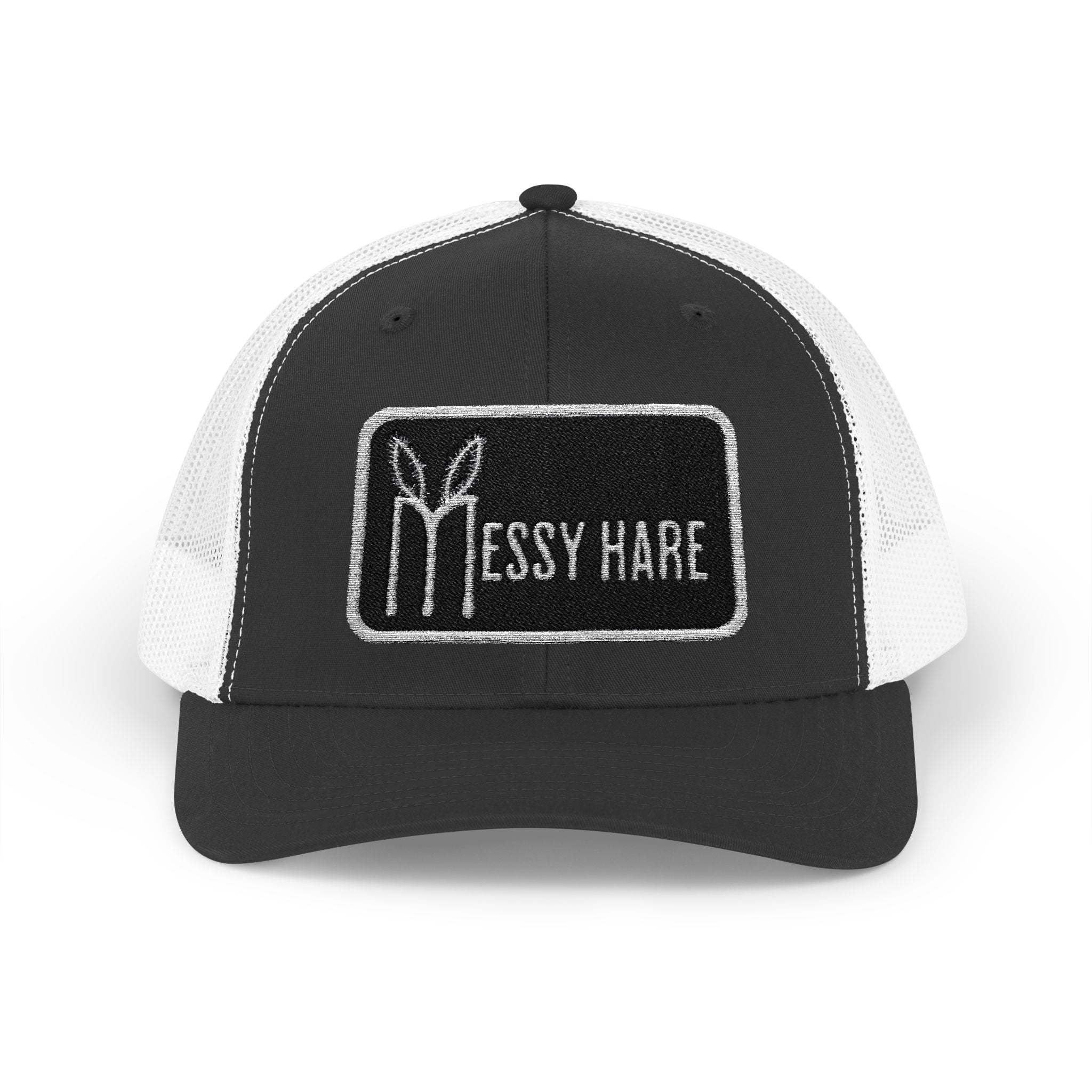 Black and white cap with 'Messy Hare' logo on a white background