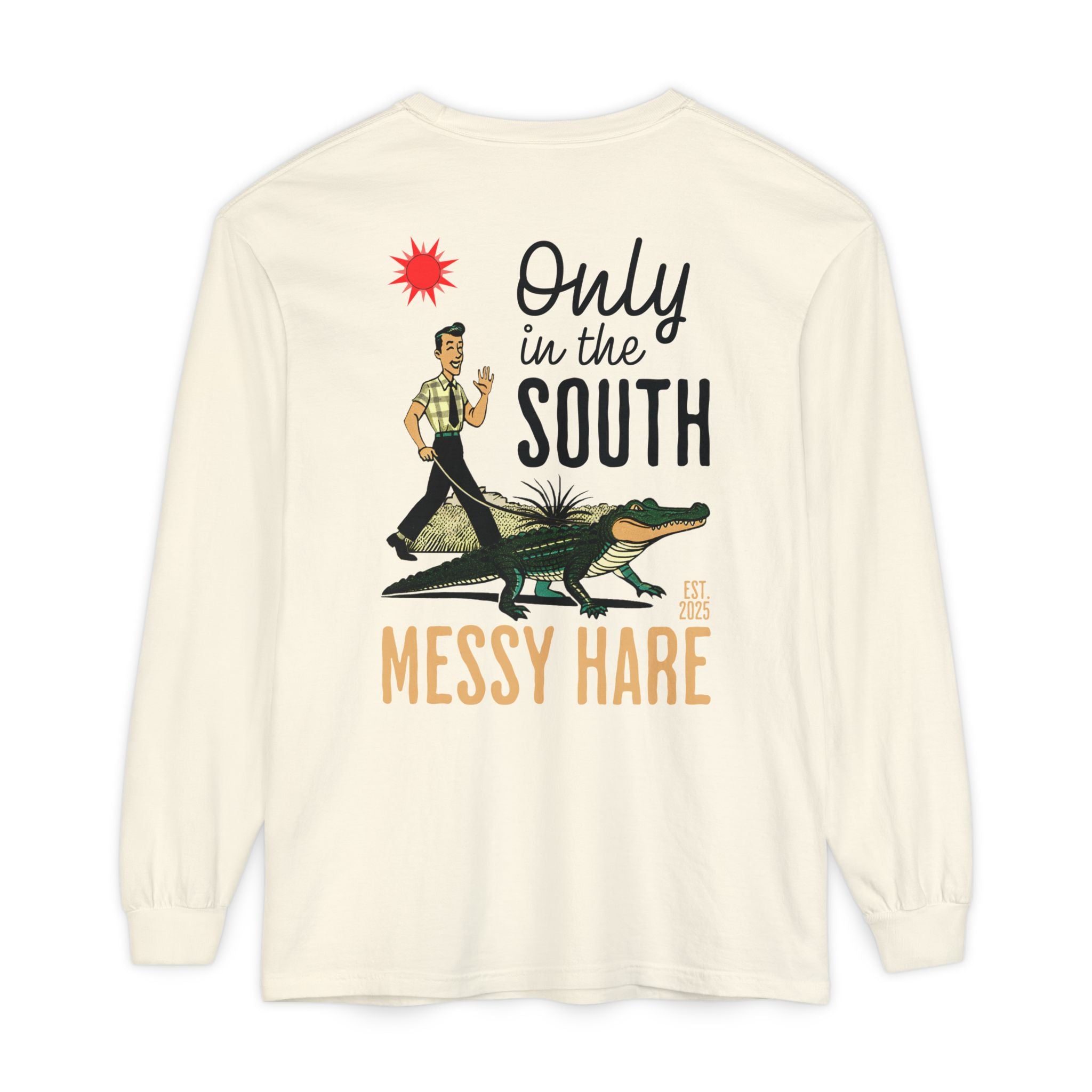 Long-sleeve shirt with graphic design and text 'Only in the South Messy Hare' on a white background
