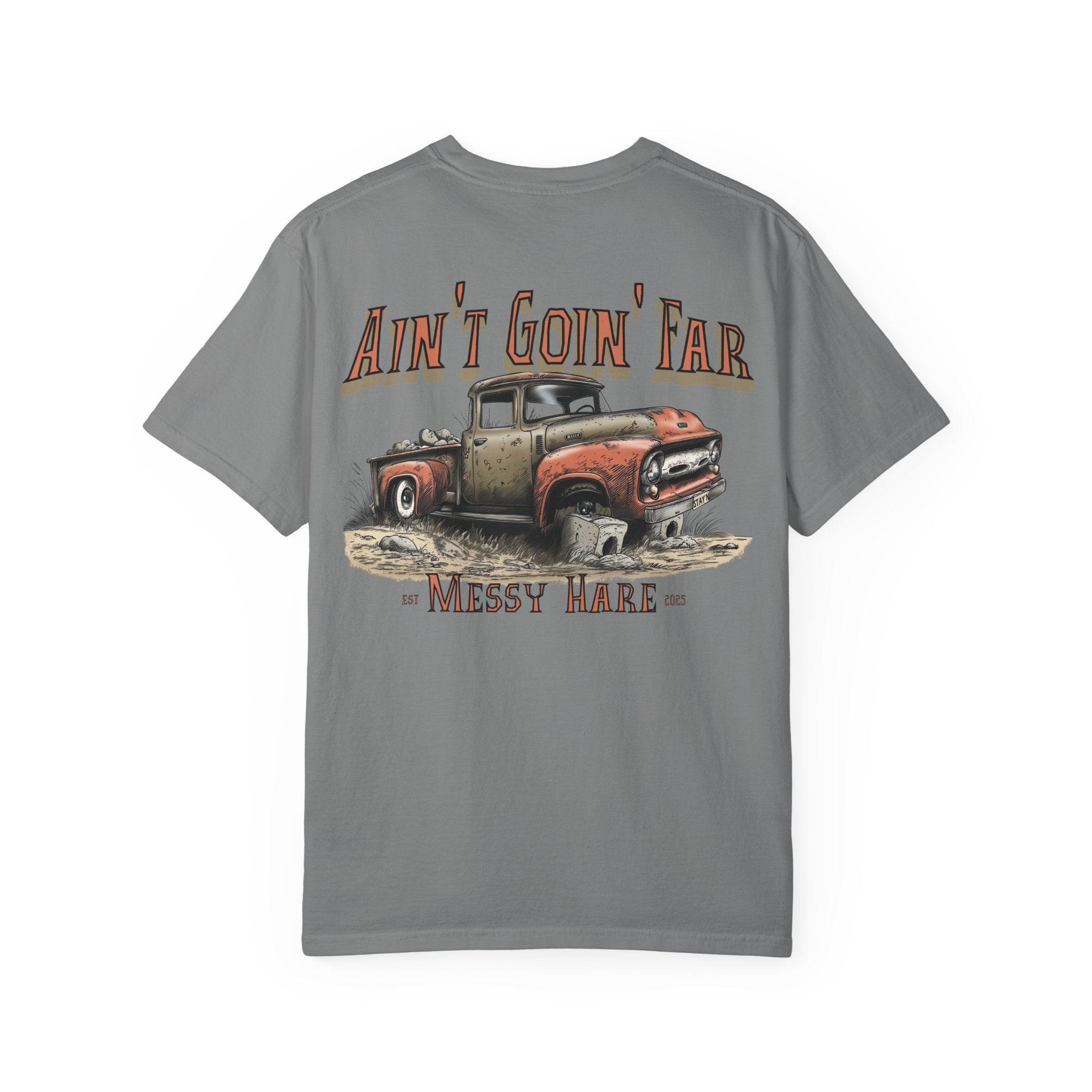 Gray t-shirt with a graphic of an old truck and text on a white background