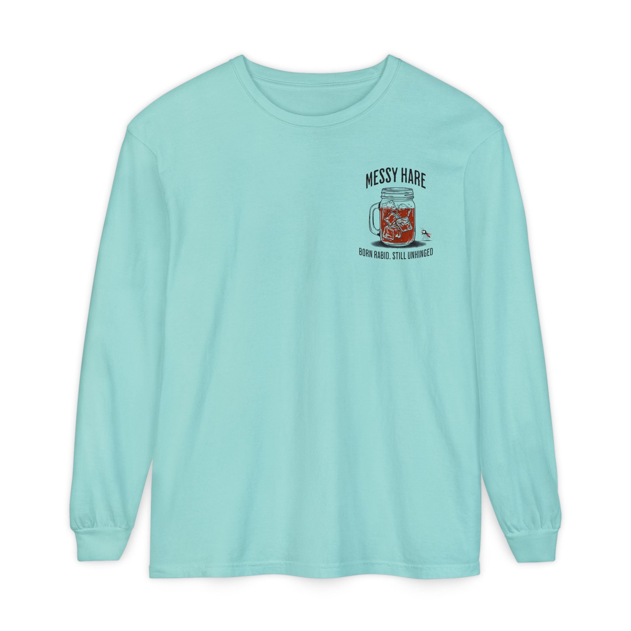 Light blue long-sleeve shirt with a graphic design on a white background