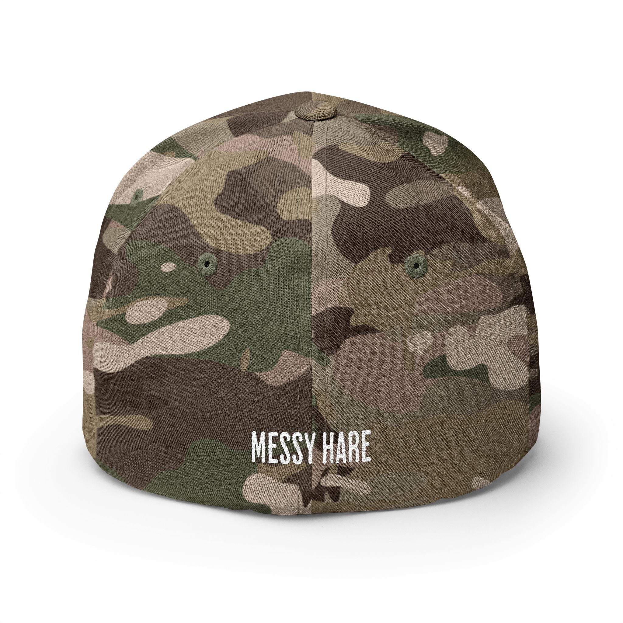 Camouflage cap with 'Messy Hare' text on a white background
