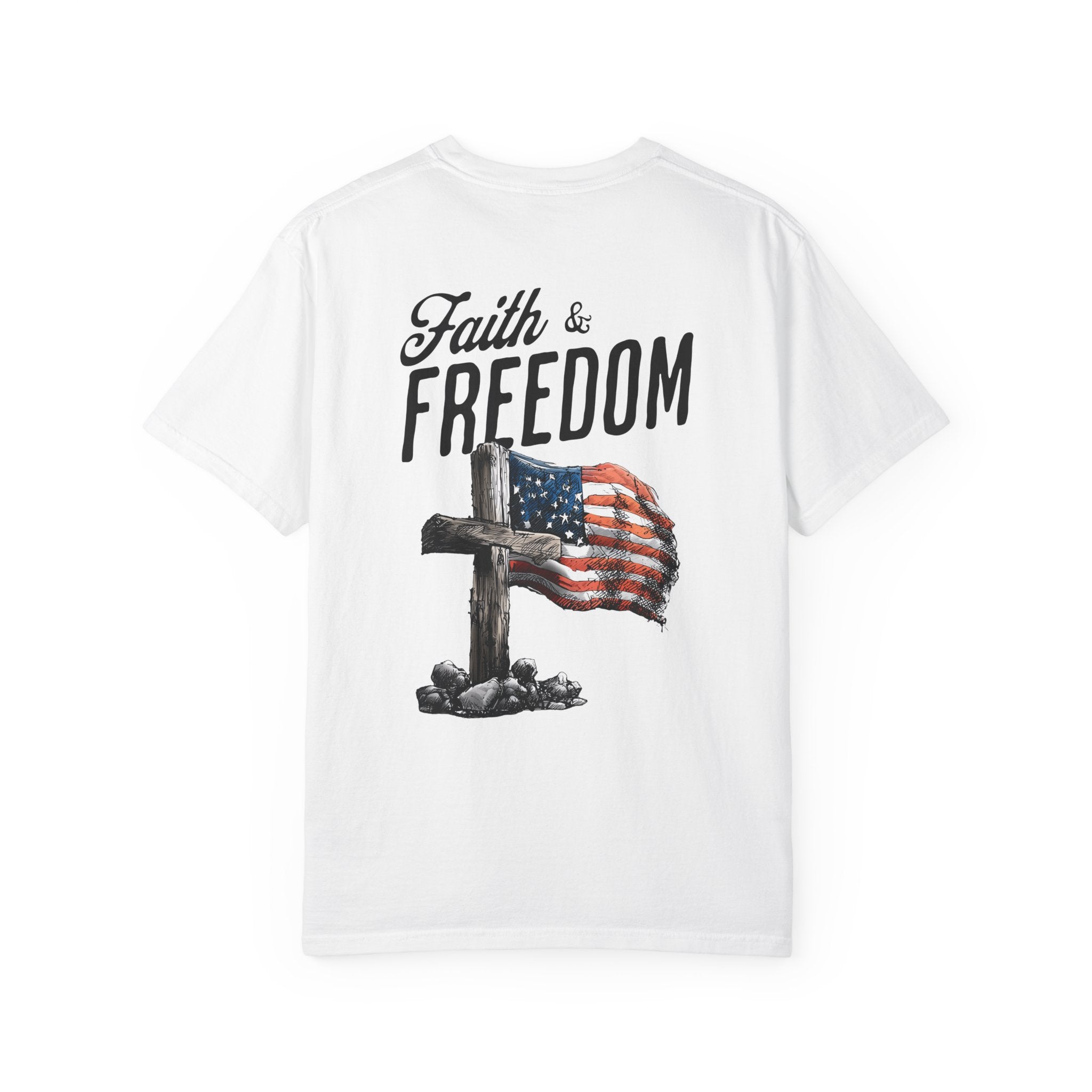 White t-shirt with 'Faith & Freedom' text and cross design on a white background