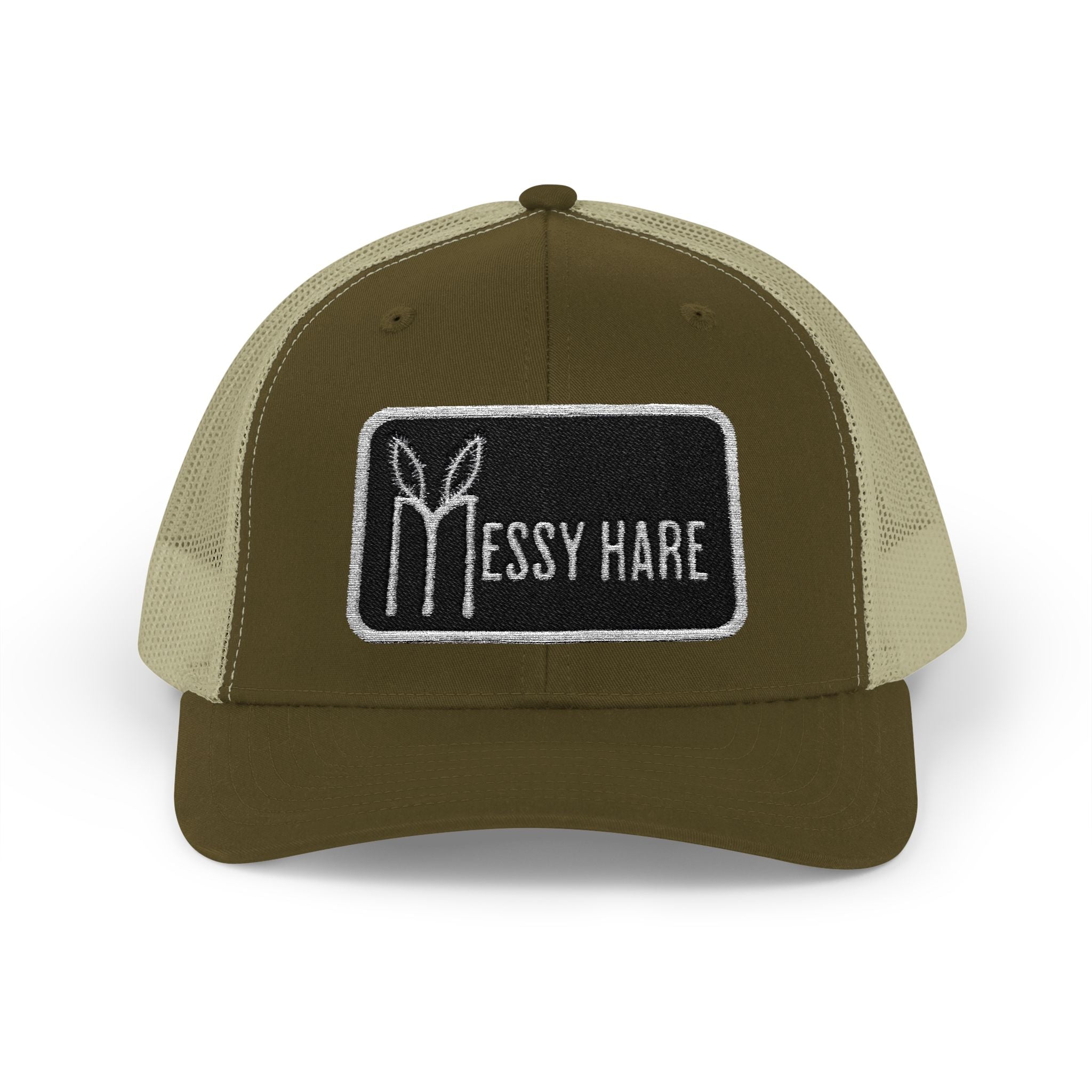 Brown and beige cap with 'Messy Hare' logo on a white background