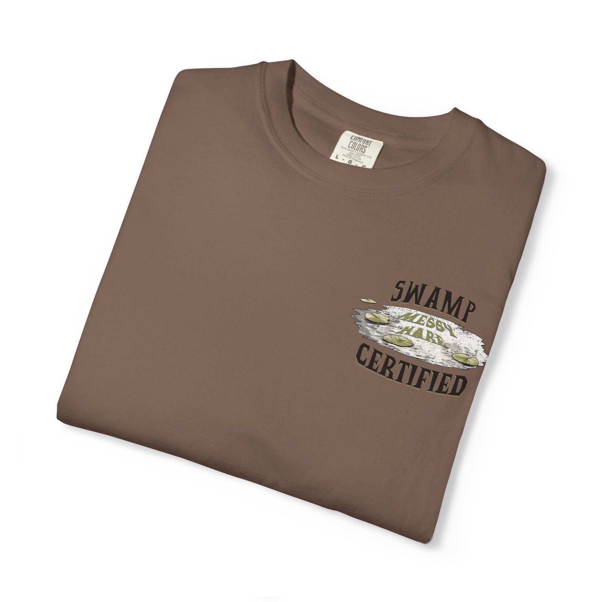 Folded brown t-shirt with graphic design and text on a white background
