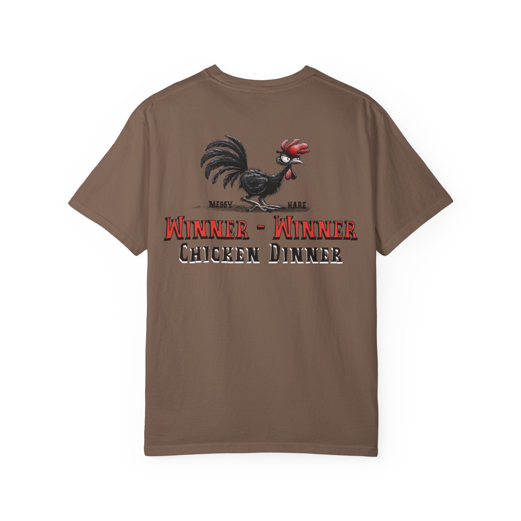 Brown t-shirt with a rooster graphic and text on a white background