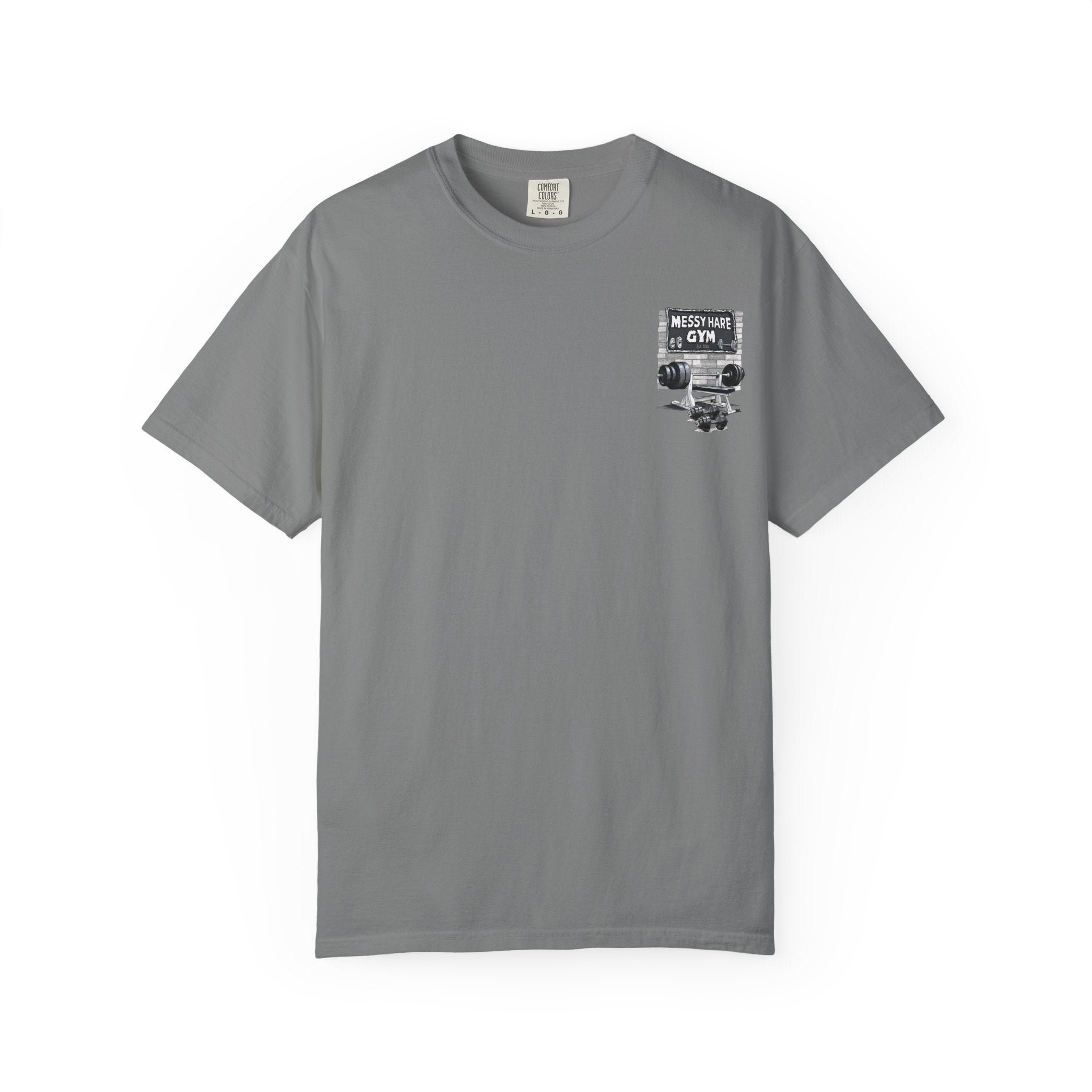 Gray t-shirt with a graphic design on a white background