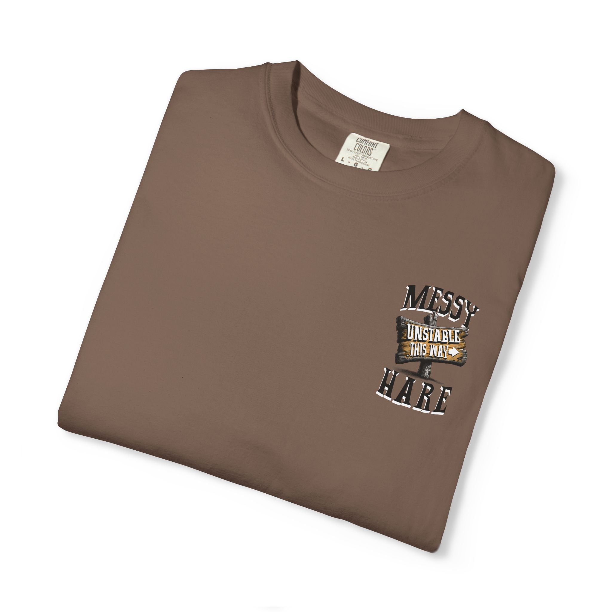 Folded brown t-shirt with text design on a white background
