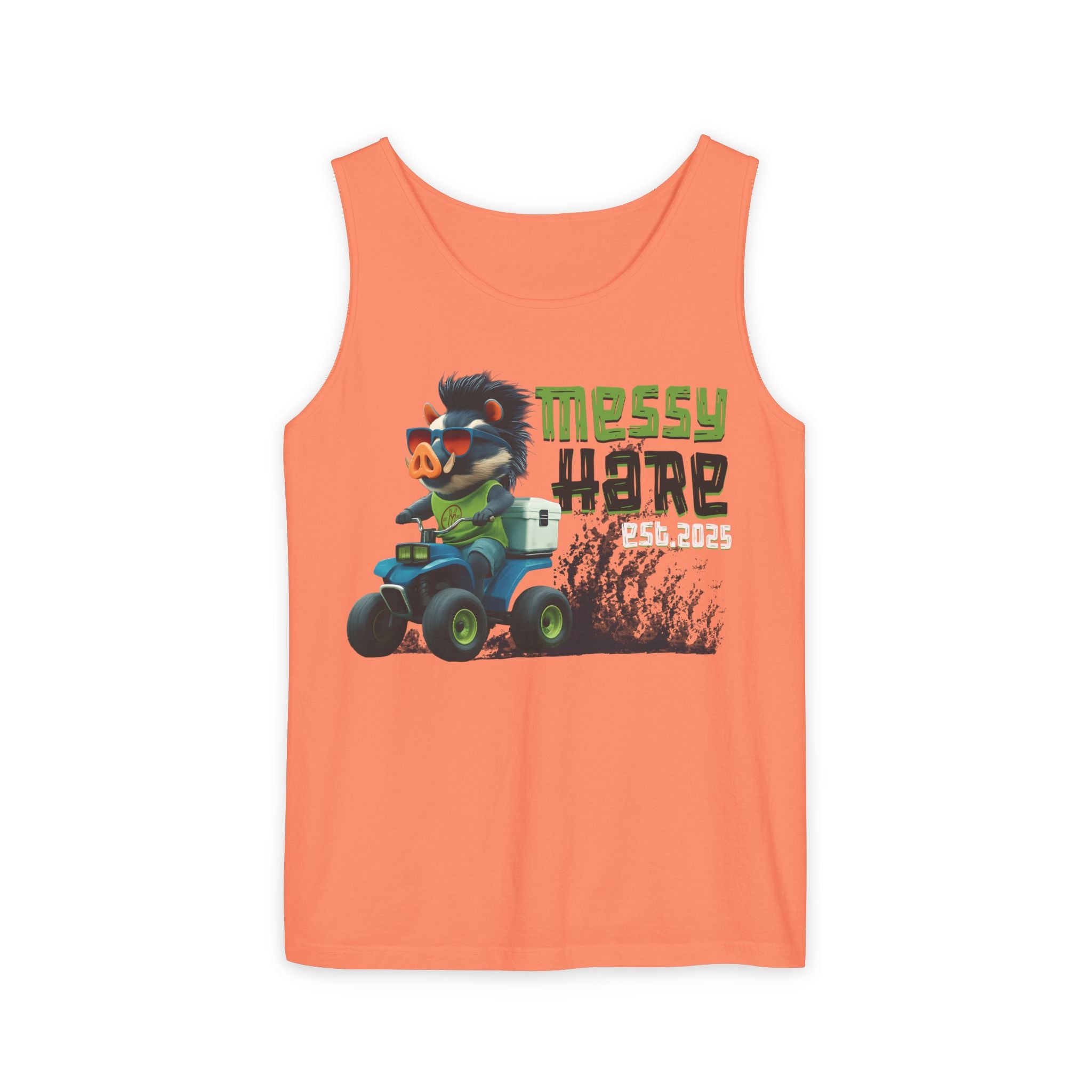 Orange tank top with a graphic of a bear driving an ATV and text 'Messy Hare EST. 2023' on a white background.