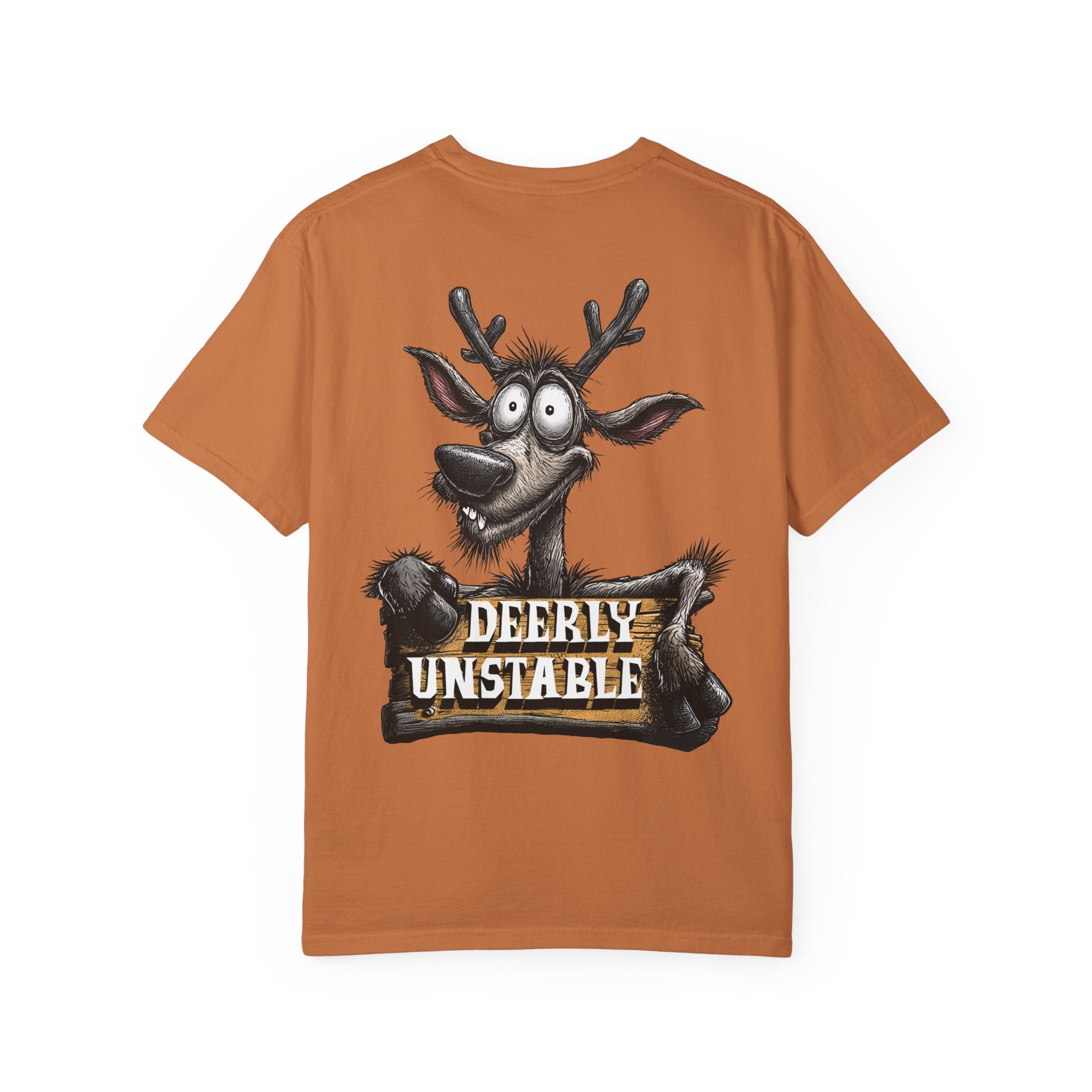 Brown t-shirt with a cartoon reindeer and 'Deerly Unstable' text on a white background