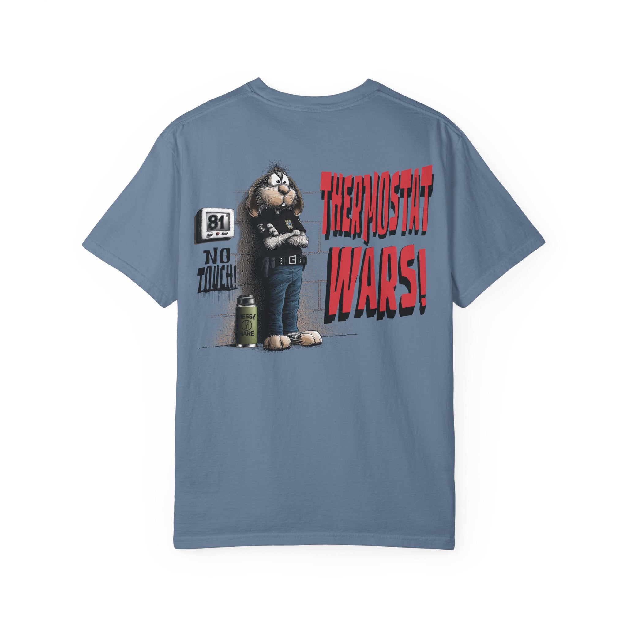 Blue t-shirt with a graphic of a character and text 'Thermostat Wars!' on a white background