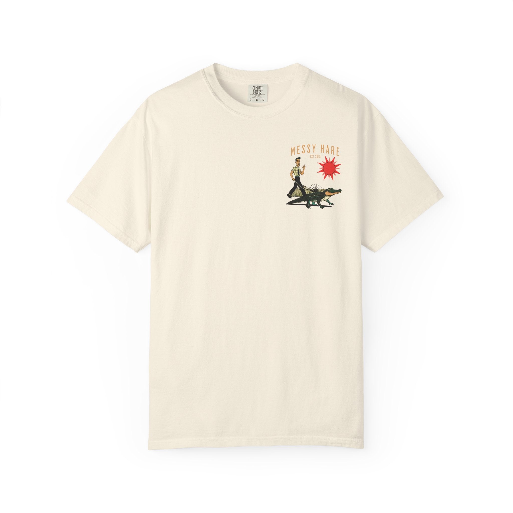 Beige t-shirt with graphic design on a white background
