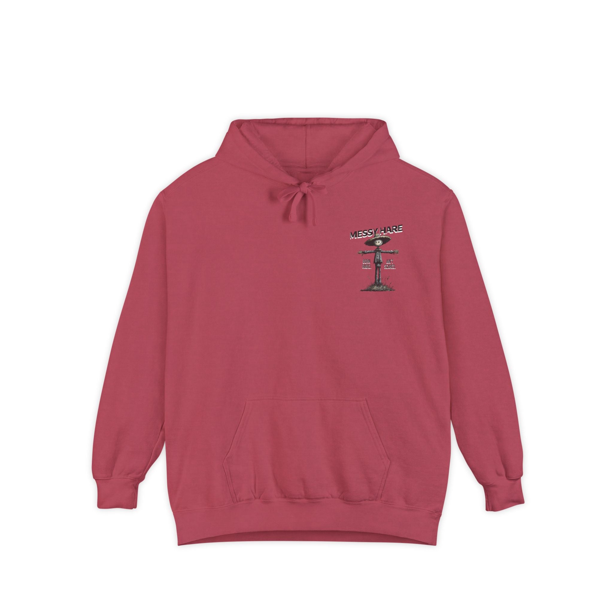 Red hoodie with a graphic design on the chest against a white background