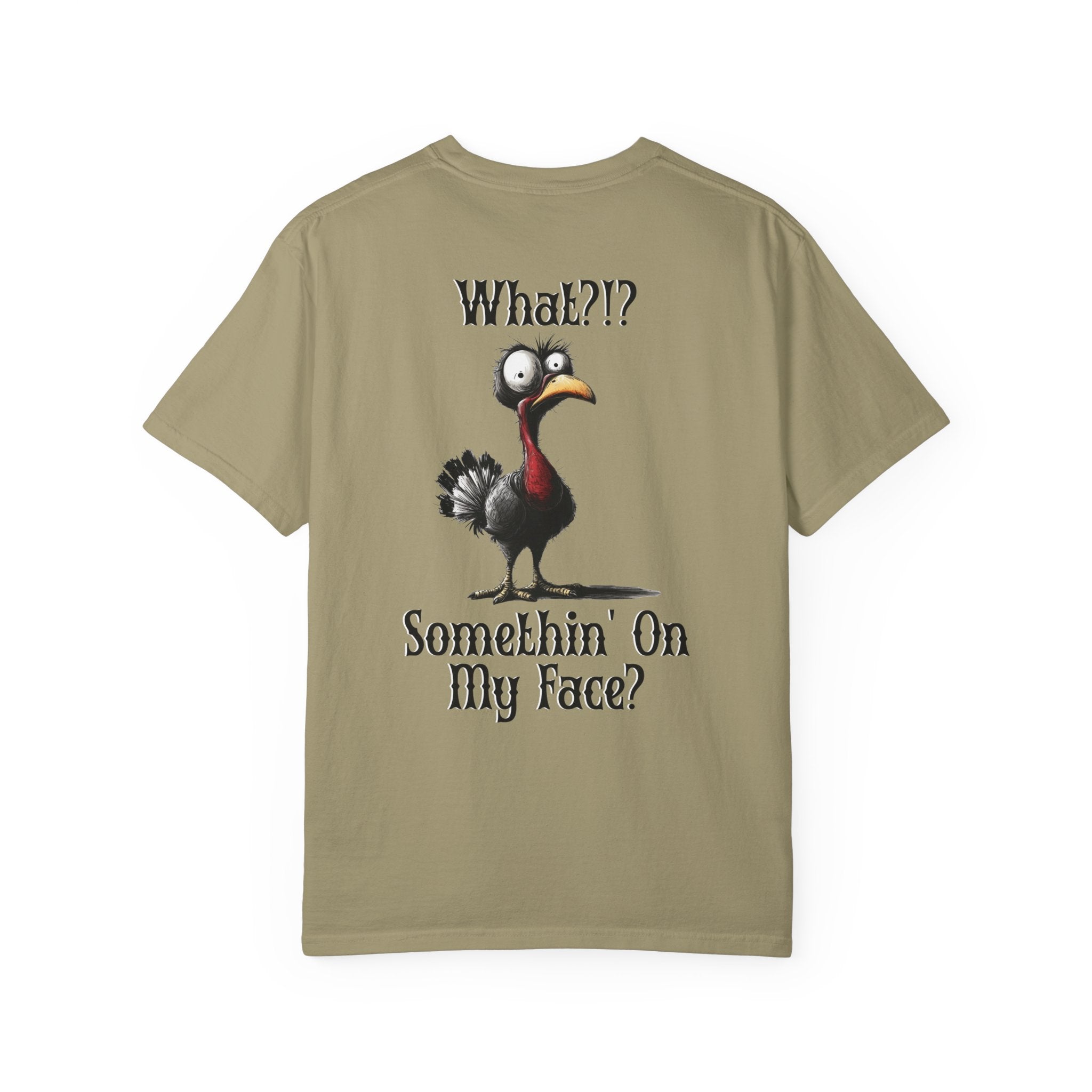 Khaki t-shirt with a cartoon turkey graphic and text on the back