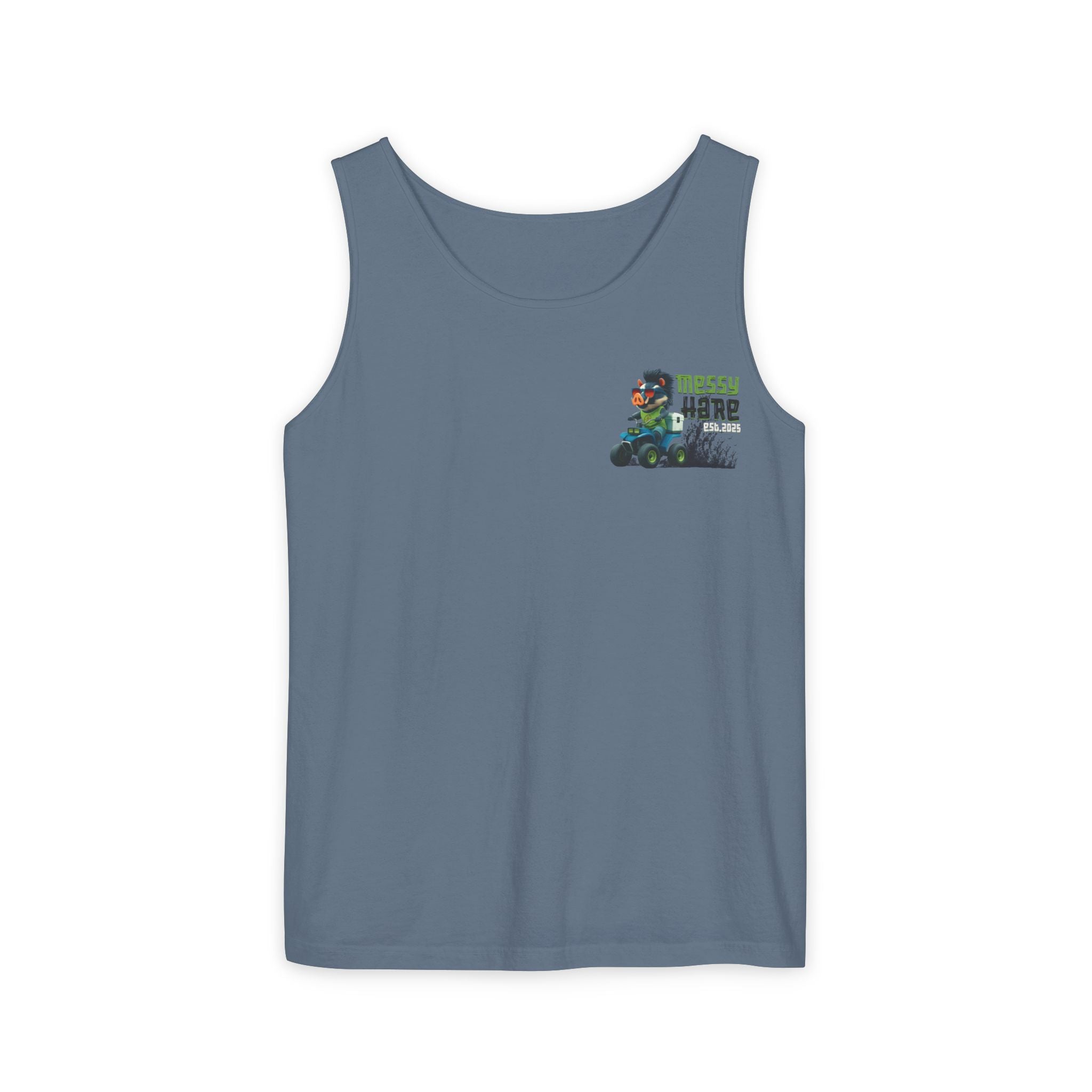 Blue tank top with graphic design on a white background