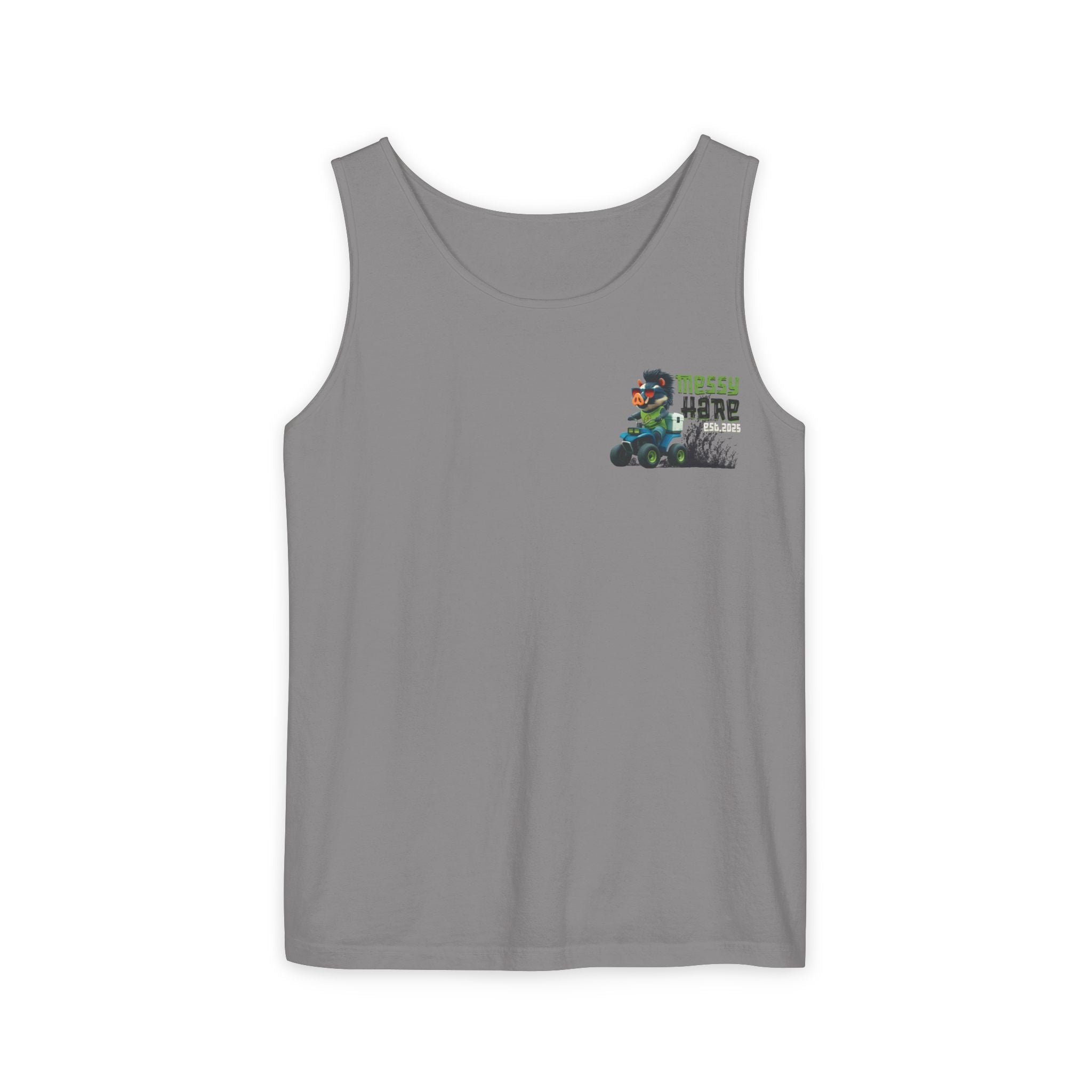 Gray tank top with a graphic design on the chest against a white background